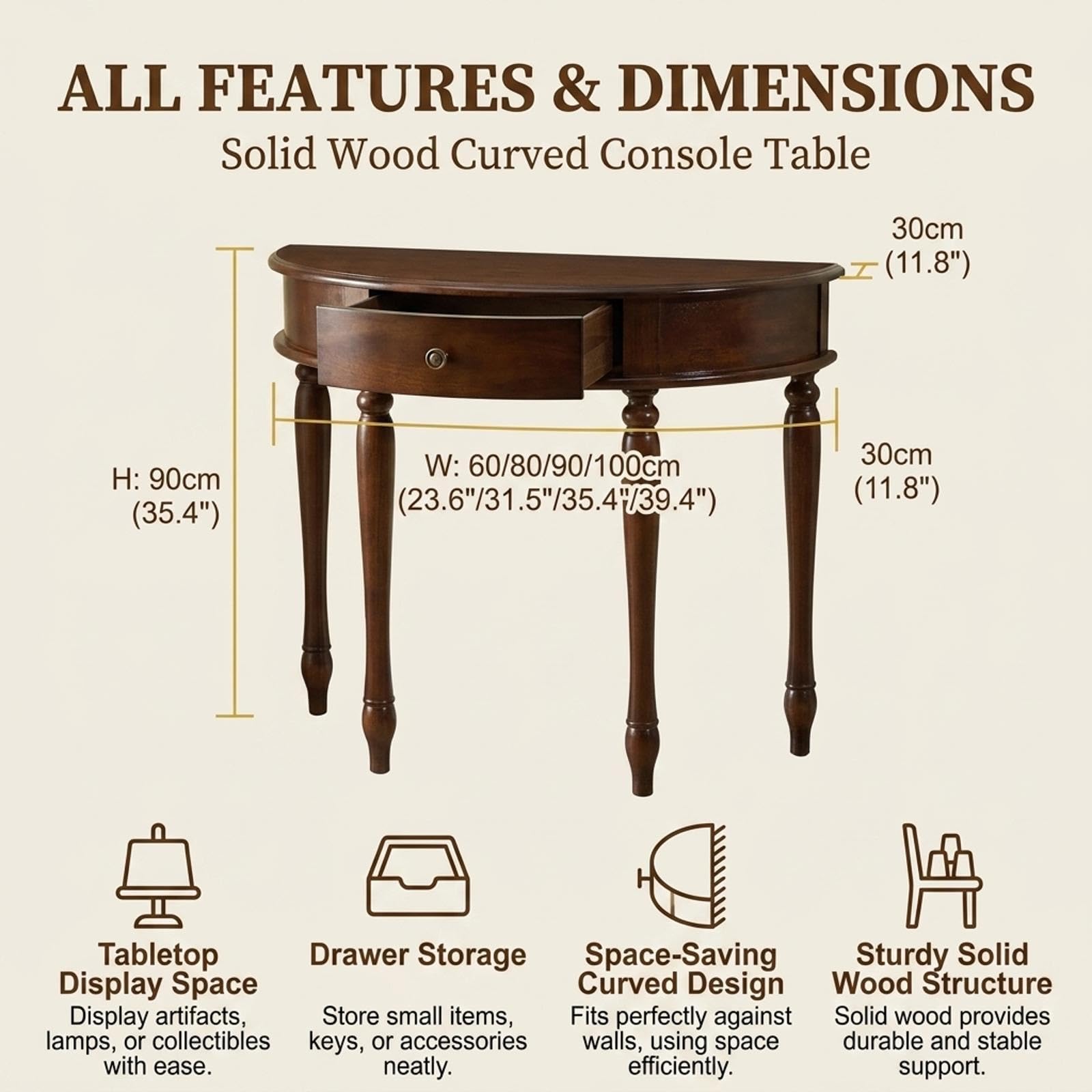 Table d'entrée en bois massif, console étroite en demi-lune avec tiroir