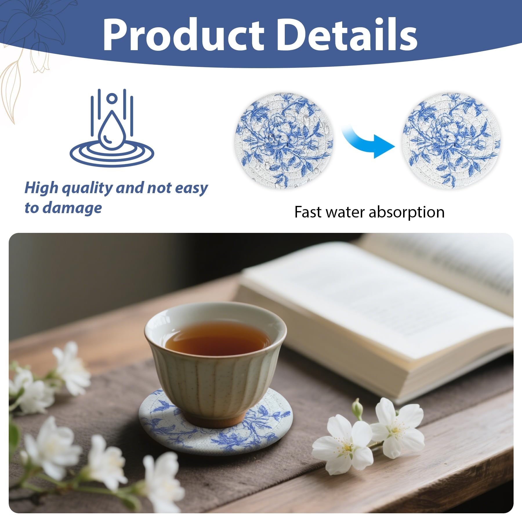 Chinoiserie Gewebte Platzsets, Untersetzer, Set mit 6 Stück, Blumenmuster, rund, Baumwollseil, Platzsets, Großpackung, blau und weiß, Tischsets, florales hitzebeständiges Tischset für Zuhause