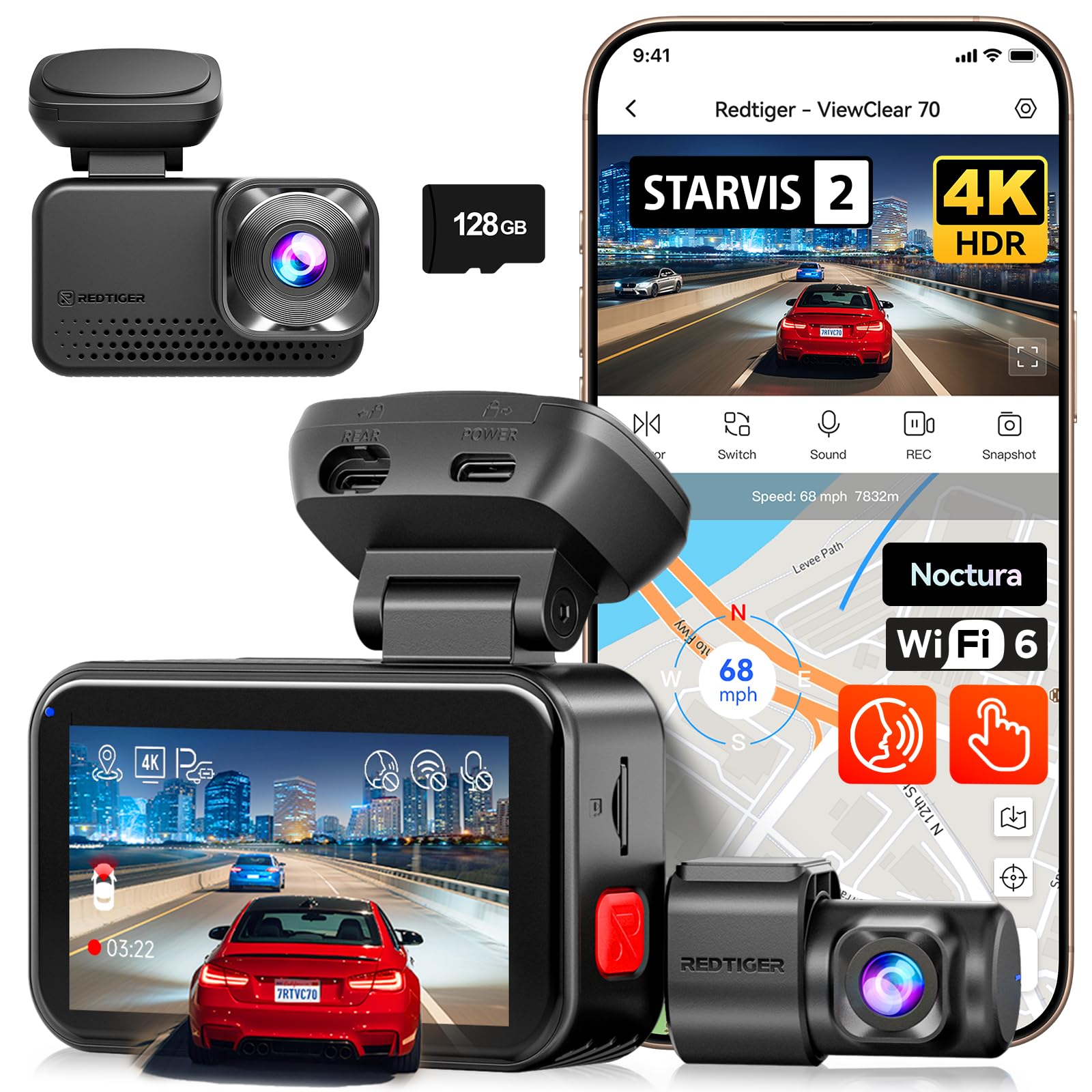 REDTIGER VC70 4K+2.5K Dash Cam Front and Rear, 8MP STARVIS 2 IMX678 Sensor, Dual HDR Hyper Night Clarity, 5.8GHz WiFi 6, 30MB/S Fast Download, Dash Camera with 24H Parking Monitor, 128G Card Included