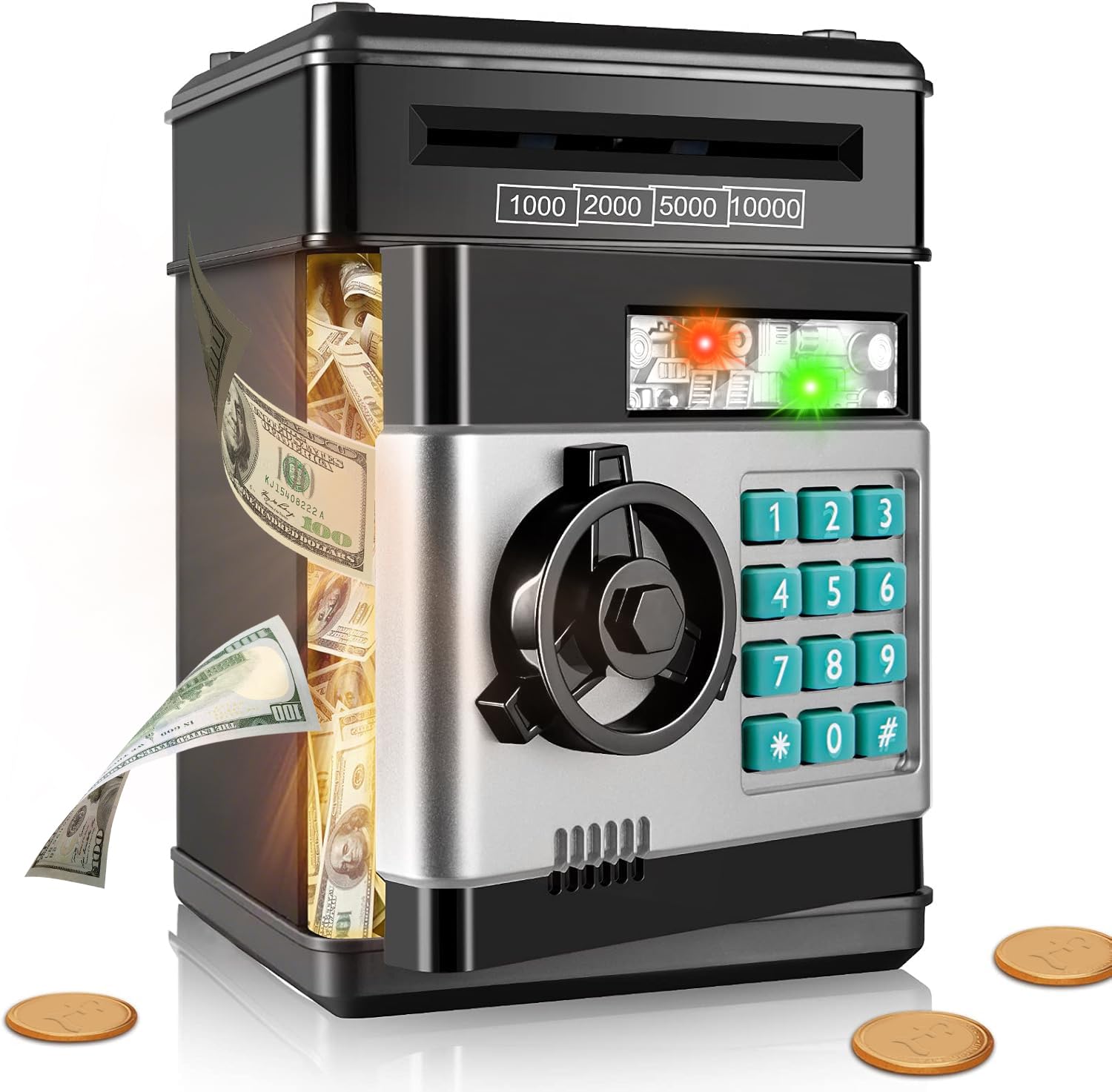 Subao Electronic ATM Piggy Bank for Kids - Money Bank with Password Lock, Cash Coin Auto Scroll Saving Box - Great Gifts for Boys Girls 4-12 Years Old (Black)