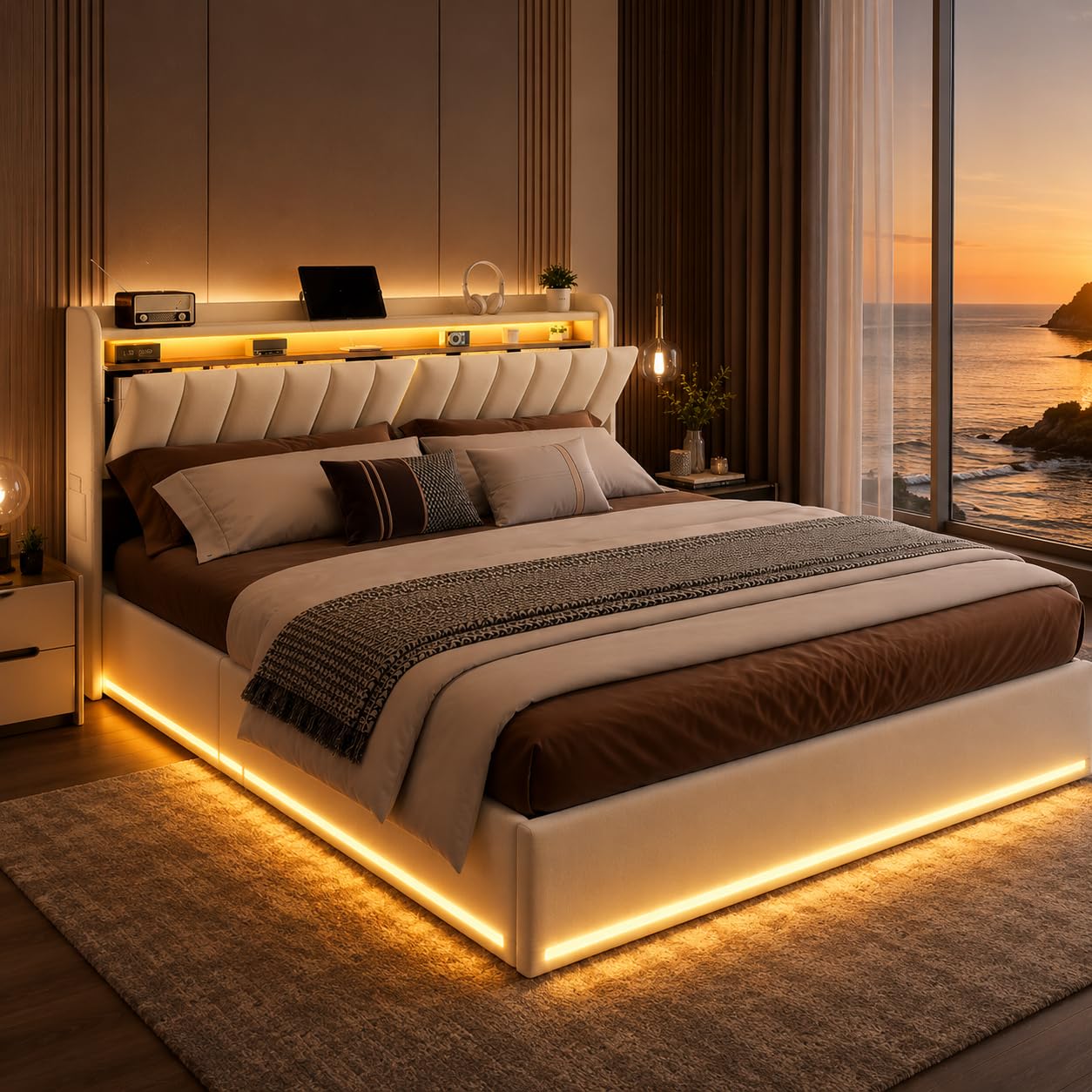 Cama acolchada para cama doble de 160 x 200 cm con LED, cama con espacio de almacenamiento, 160 x 200 cm, cama de almacenamiento hidráulica con cajón, cama funcional con espacio de almacenamiento
