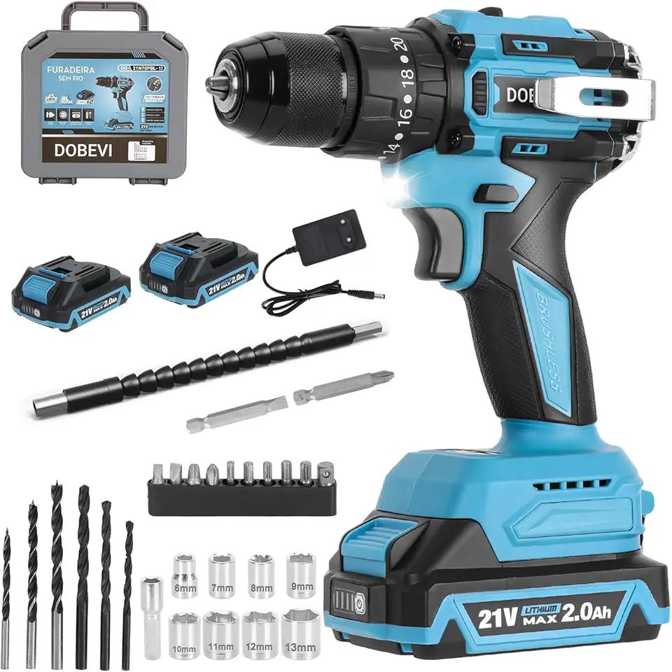 Furadeira Parafusadeira Impacto Brushless com LED 1500 Rpm 70N.m Torque 20 Níveis com 2 Baterias 2.0Ah Recarregáveis Adequado Para Usuários Domésticos Quanto Para Artesãos Profissionais (10mm)