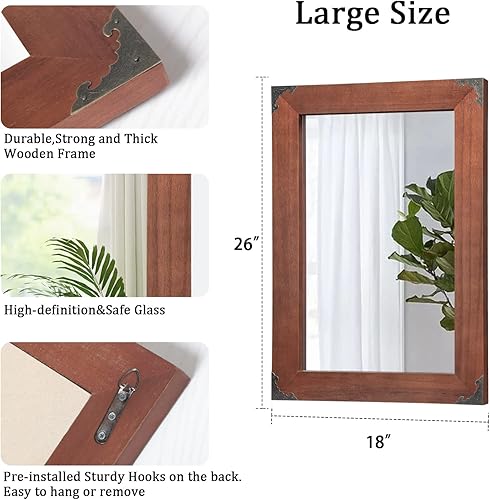 Miniatura 2 de AAZZKANG Espejo rústico rectangular de 26 x 18 pulgadas, espejo de pared con marco de madera, grande, decorativo para dormitorio, baño, tocador