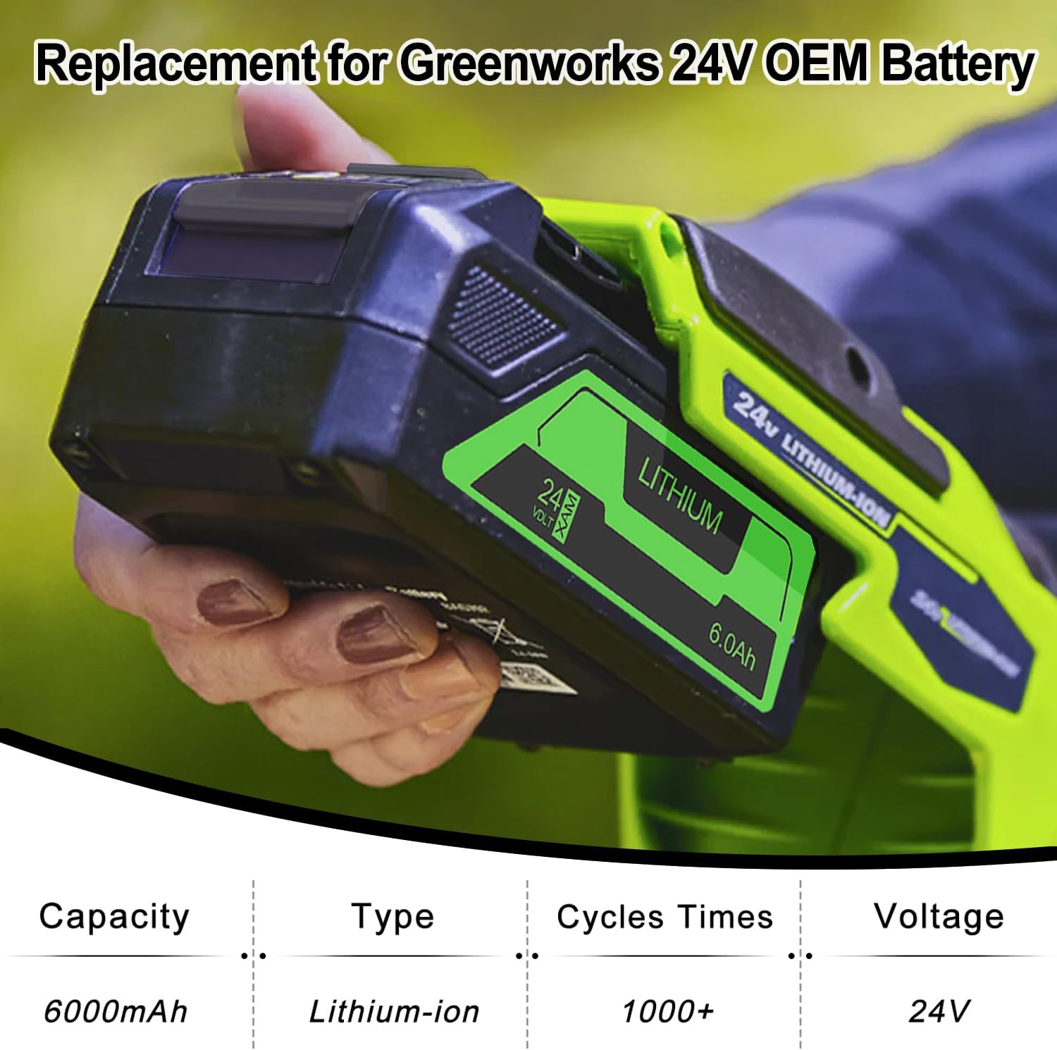 FSKE 6.0Ah Lithium Replacement for Greenworks 24V Battery BAG708 BAG711 29842 29852 with USB Output, Compatible with 24 Volt Greenworks Power Tools