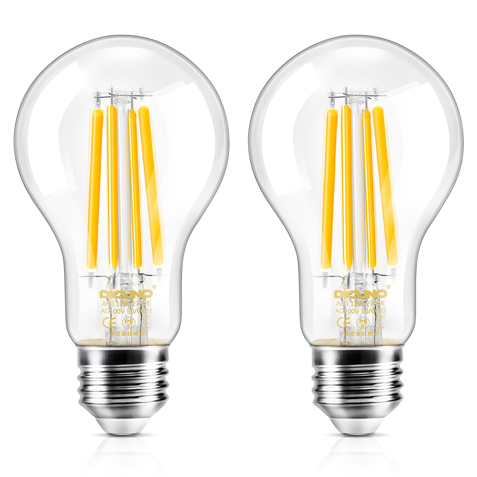 DiCUNO LED電球 E26口金 電球色 120W形相当 エジソン 12W フィラメント電球 1650lm 2700k 一般電球形 クリアタイプ 省エネ 全方向 A60 調光器非対応 2個入