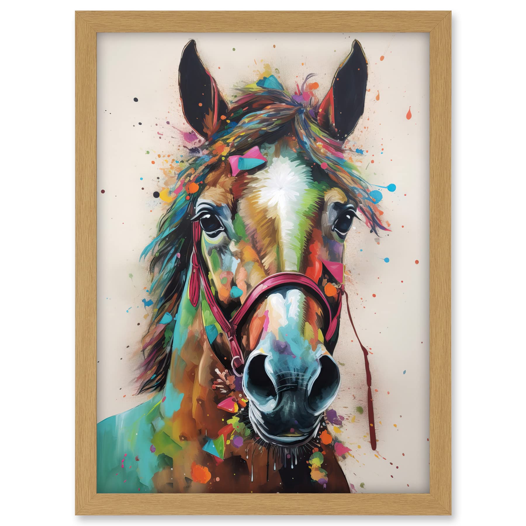 Artery8 Horse Multicoloured Spray Paint and Oil Painting Artwork Framed A3 Wall Art Print