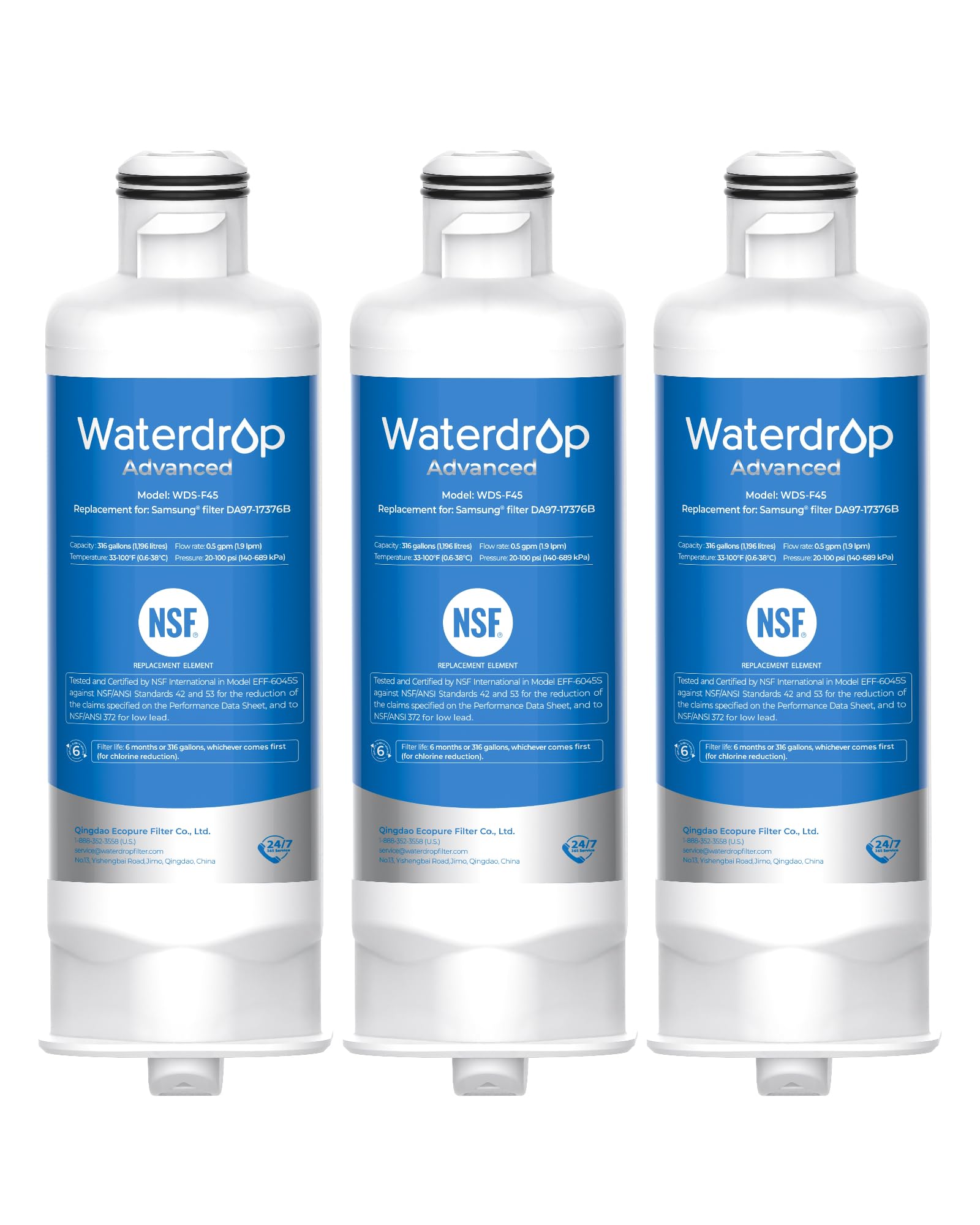 Waterdrop WDS-F45 Replacement for Samsung® DA97-17376B, HAF-QIN/EXP, DA97-08006C, RF28R7351SG, RF23M8570SR, NSF 53&42 Certified Refrigerator Water Filter, 3 Pack (Packaging May Vary) | Fridge.com