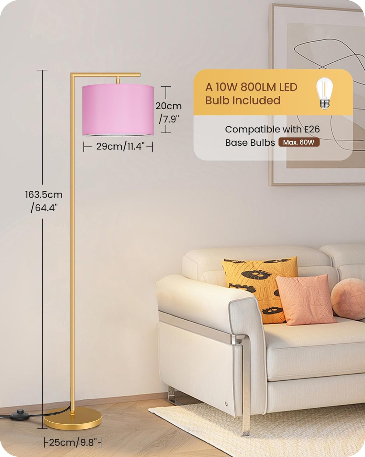 Modern Gold Arc Floor Lamp, Corner Tall Lamp with Remote, Arched Reading Light with Fabric Shade, Floor Lighting for Living Room, Bedroom, Office, Study, Pink, LED Bulb Included, DP11LD05