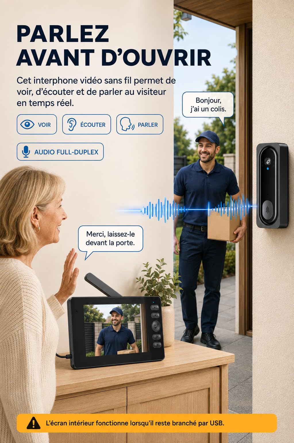 Sonnette Sans Fil Avec Caméra, 4,5" Interphone Vidéo Sans App Sans WIFI