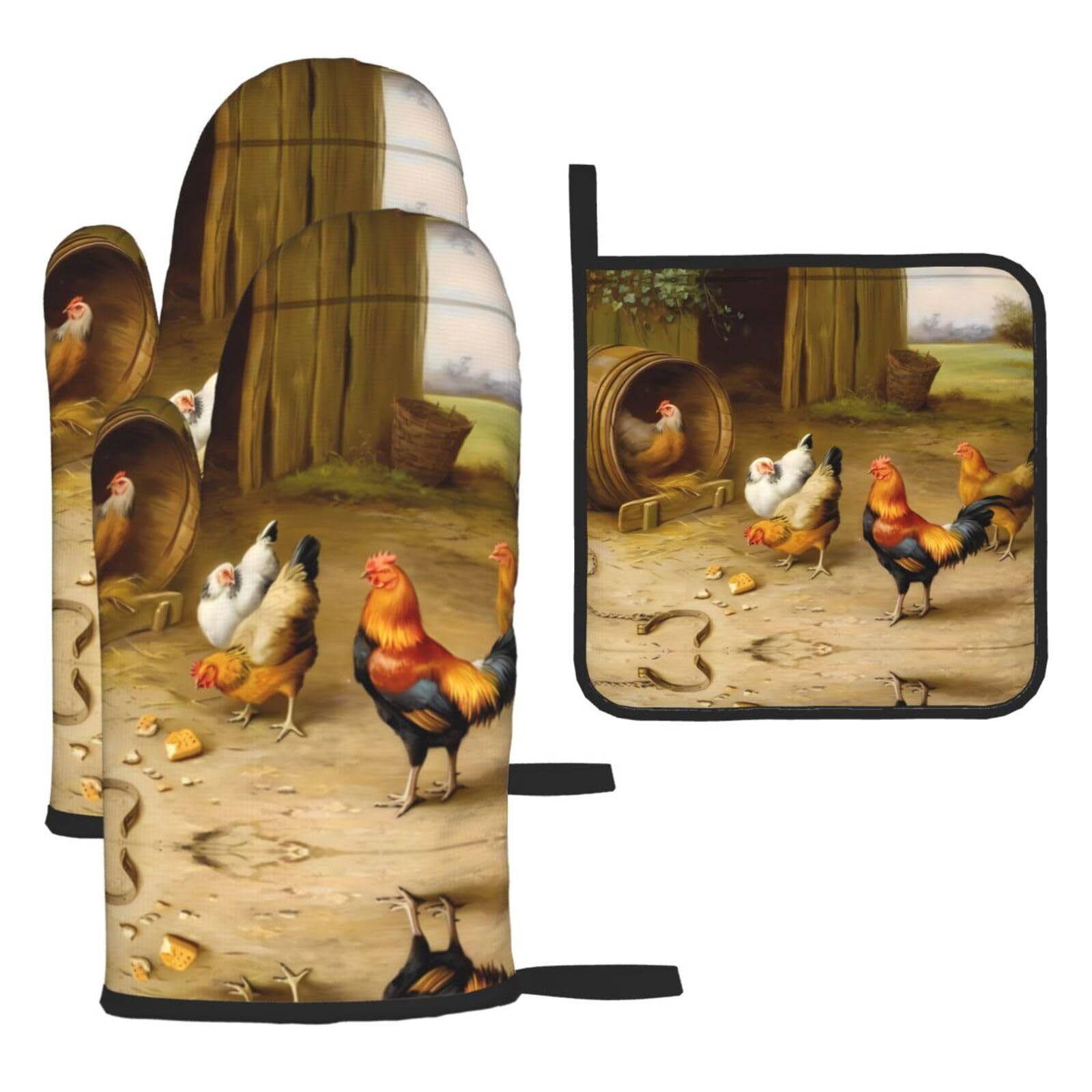 Chicken And Rooster Print 3 Piece Kitchen Oven Mitt Set Heat Resistant Gloves with Pot Holder Mat Polyester Printed for Cooking Baking BBQ Grill