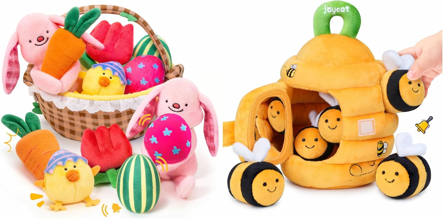 JoyCat Baby Toys 6-12 Month Baby My First Easter Basket, 6 PCS Plush Playset Stuffers with Bunny Chick Eggs Carrot Tulip Toys, Easter Party Favors Decorations Gifts Supplies for Baby Girls Boys