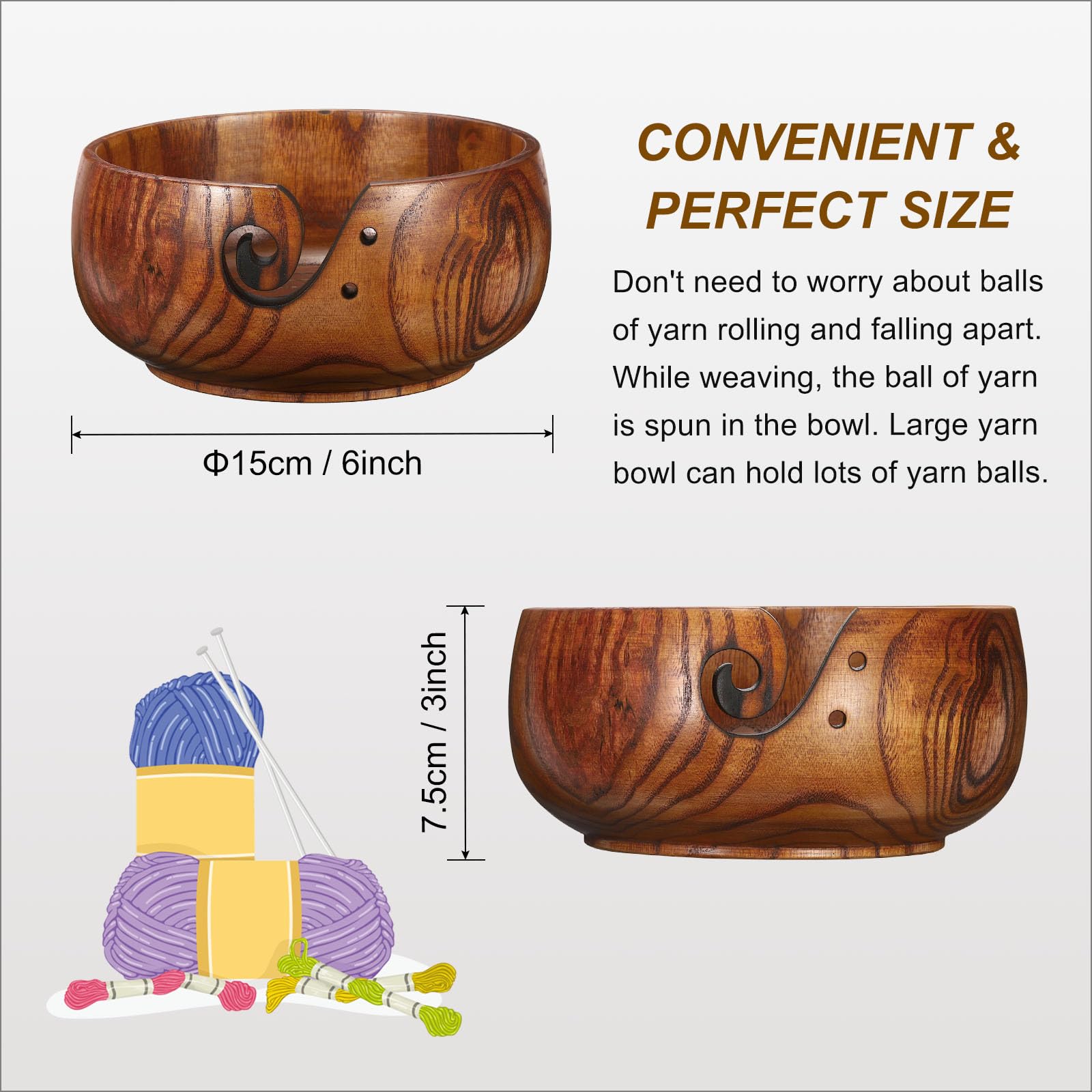 PATIKIL Wooden Yarn Bowls for Crocheting Bamboo Yarn Knitting Bowl Yarn Storage Bowls Yarn Holder Dispenser for Crocheting and Knitting 6" x 3" - Image 2