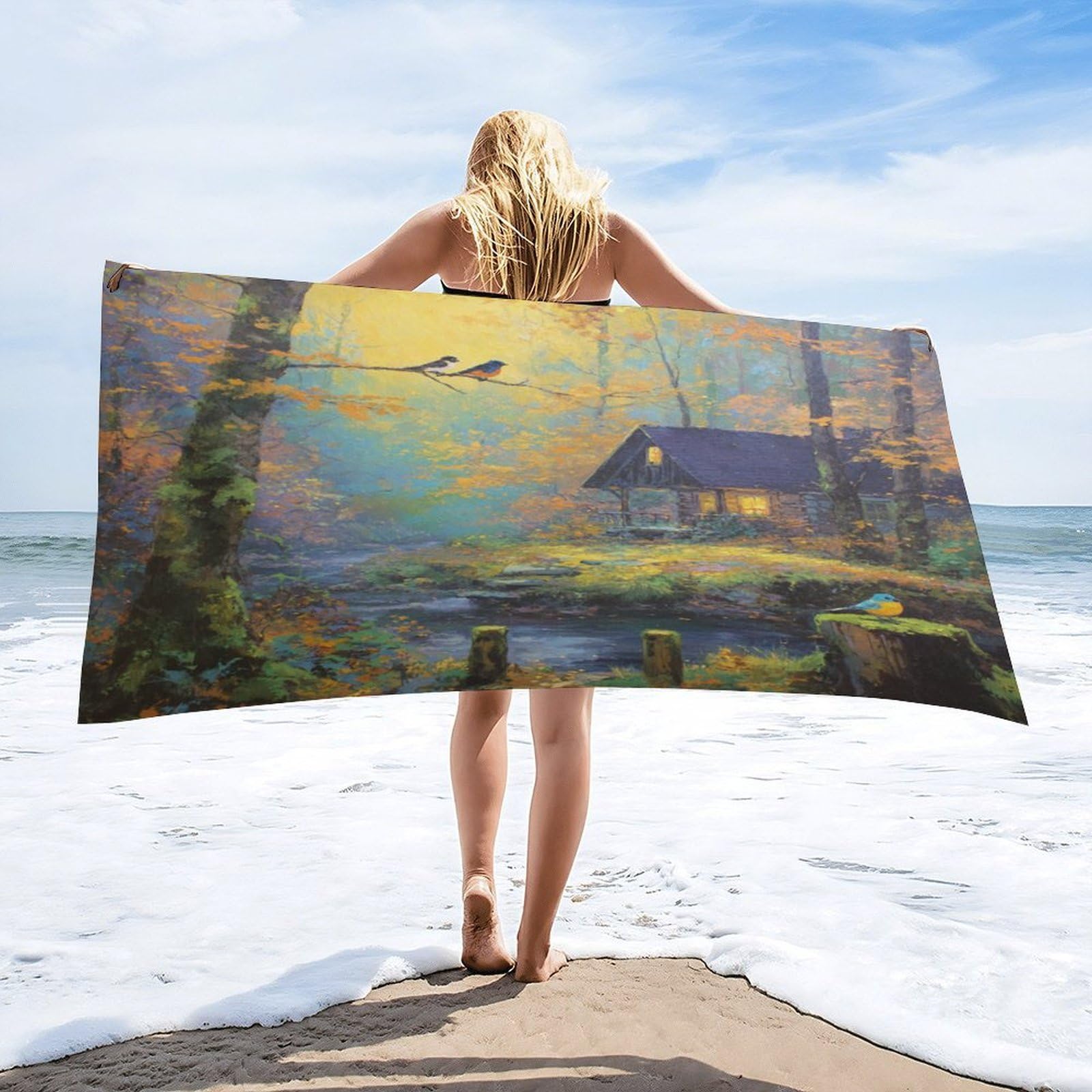 Luyysky Vintage Abstract Log Cabin Quick-Drying Beach Towel, Classic Watercolor Fall Plant Maple Trees Animal Birds Travel Vacation Single Sided Pile Bathroom Towels-80 W Cm X 160" L Cm