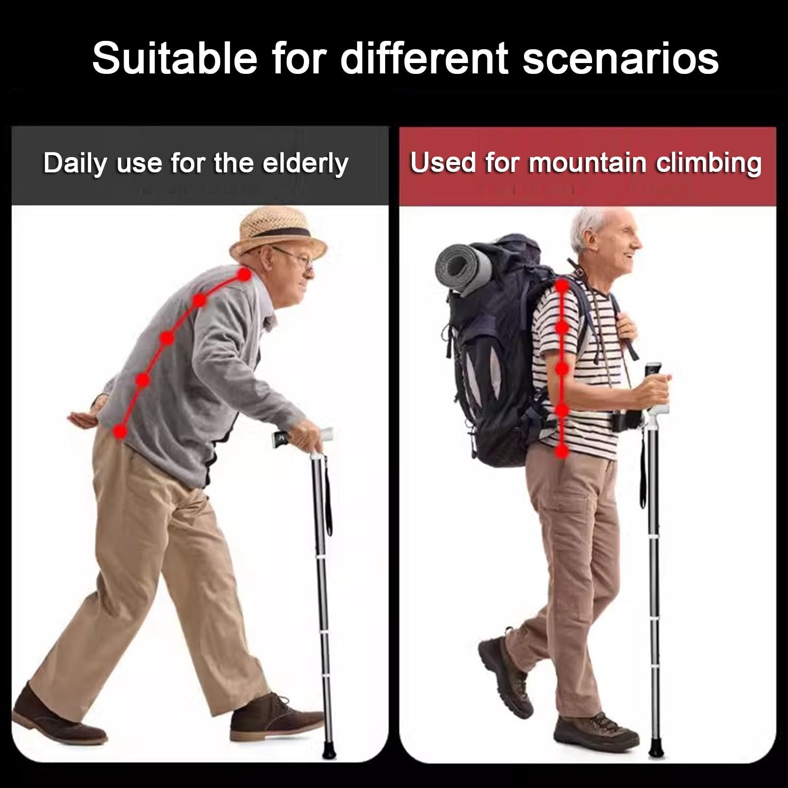 Bastón Trekking Plegables Bastones Senderismo Compactos | para viajes 1 paquete de Bastones de Senderismo telescópicos muletas de asistencia para personas mayores(A,38~105cm)