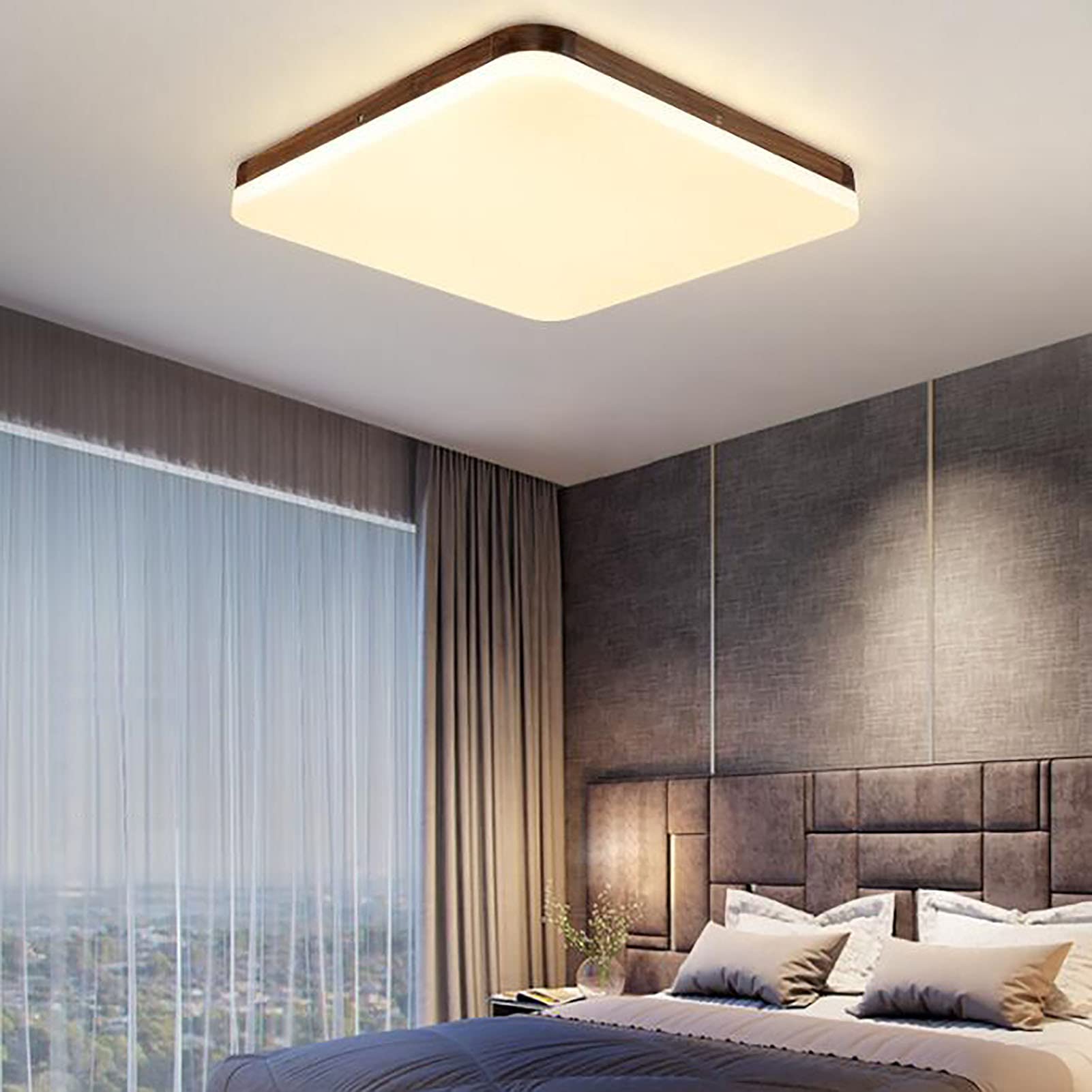 Minimalistyczna drewniana lampa sufitowa LED trójkolorowa ściemniana lampa żyrandolowa nowoczesna lampa sufitowa do jadalni sypialni kuchennej wyspy-ciepła 43x43x6cm