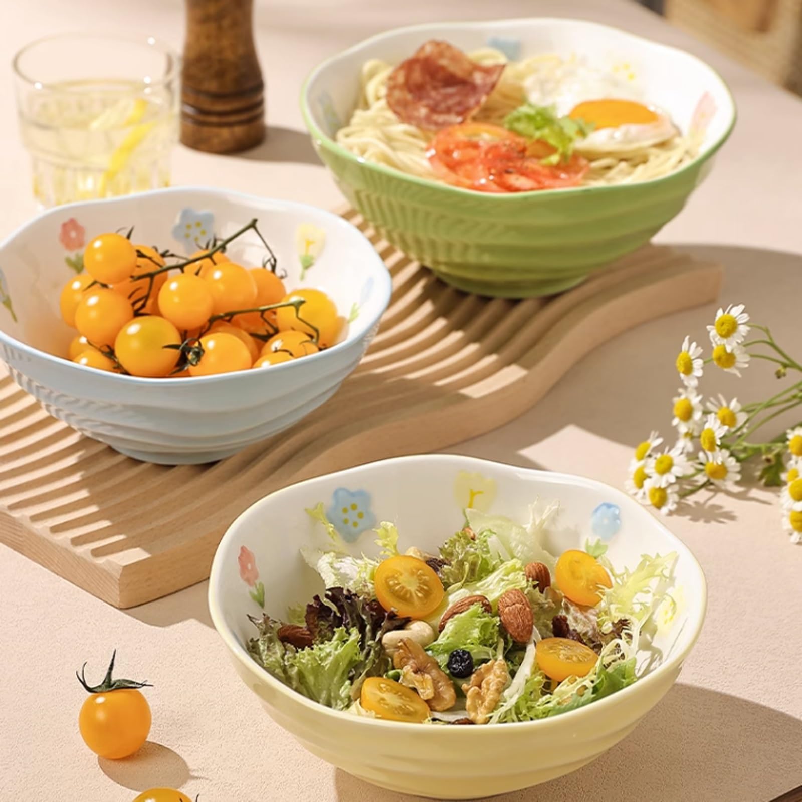 Bol de céréales Bol à soupe en céramique, 2 pièces, bol à nouilles lamiennes ménagères, Turquoise, four à micro-ondes disponible, bol en céramique, bol à salade à Texture de fil Bols à soupe pour la c