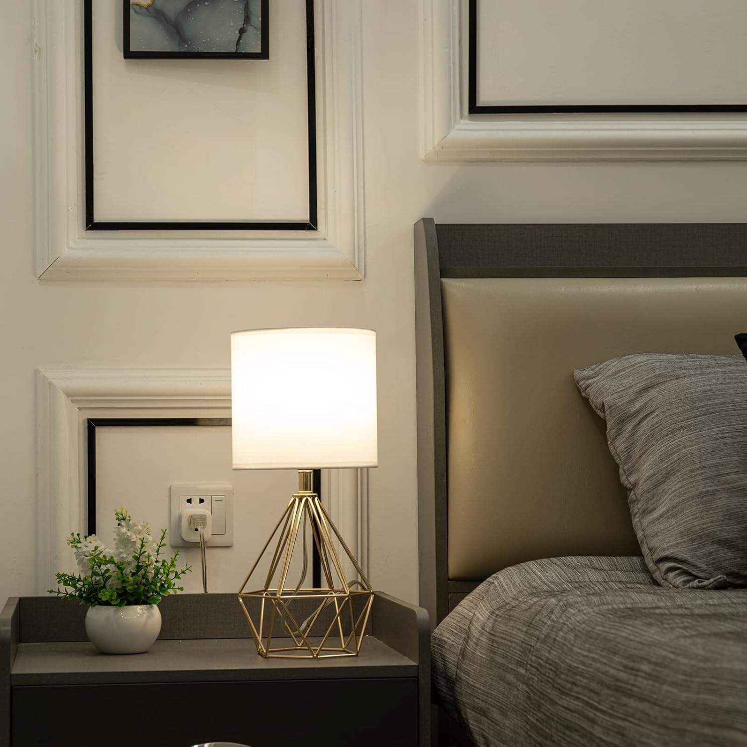 COTULIN Gold Small Table Lamp Set of 2, Modern Bedside Nightstand Lamps with Geometric Metal Base White Fabric Shade, Cute Desk Lamp for Living Room Bedroom