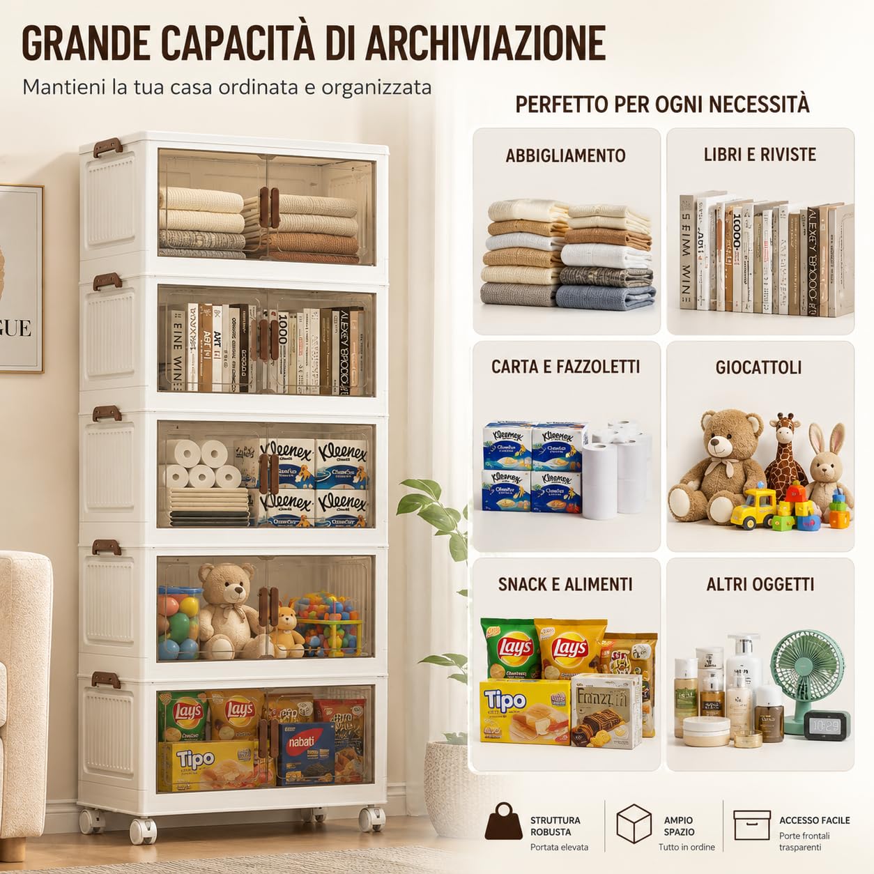 ZENZERO Armadio Portaoggetti Pieghevole a 5 Livelli con Ruote, Mobile Contenitore Modulare Impilabile con Ante Trasparenti, Salvaspazio per Camera, Soggiorno, Bagno, Cucina e Ufficio