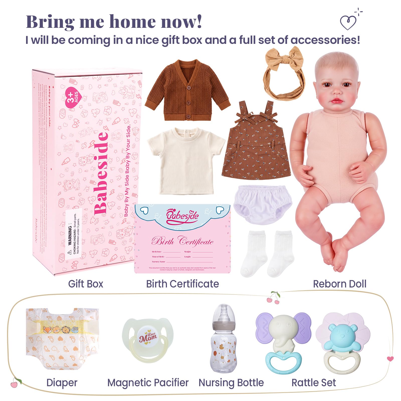 BABESIDE Reborn Baby Mädchen Puppe, 20 Zoll Vinyl Puppen mit Weichem Körper | Reborn Baby Doll mit Kleiderset, lebensechte babypuppen mit Stoffkörper, Vinylarmen und -beinen, Demenzpuppe für Senioren