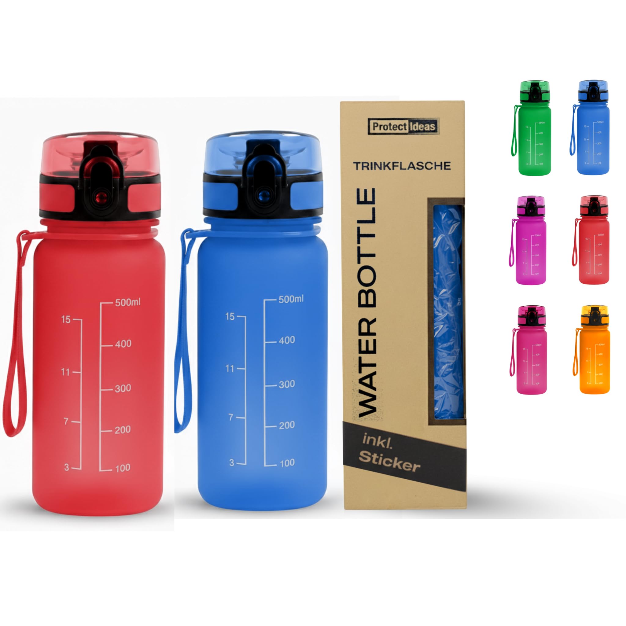 2 Stück Trinkflasche Kinder Auslaufsicher 0,5L – BPA-Frei Wasserflasche 500ml für Schule, Sport, Fitness – Geschmacksneutral, Leicht, Trinkflasche Mit 12 Aufklebern für Kinder (2 Stück Blau-Rot)