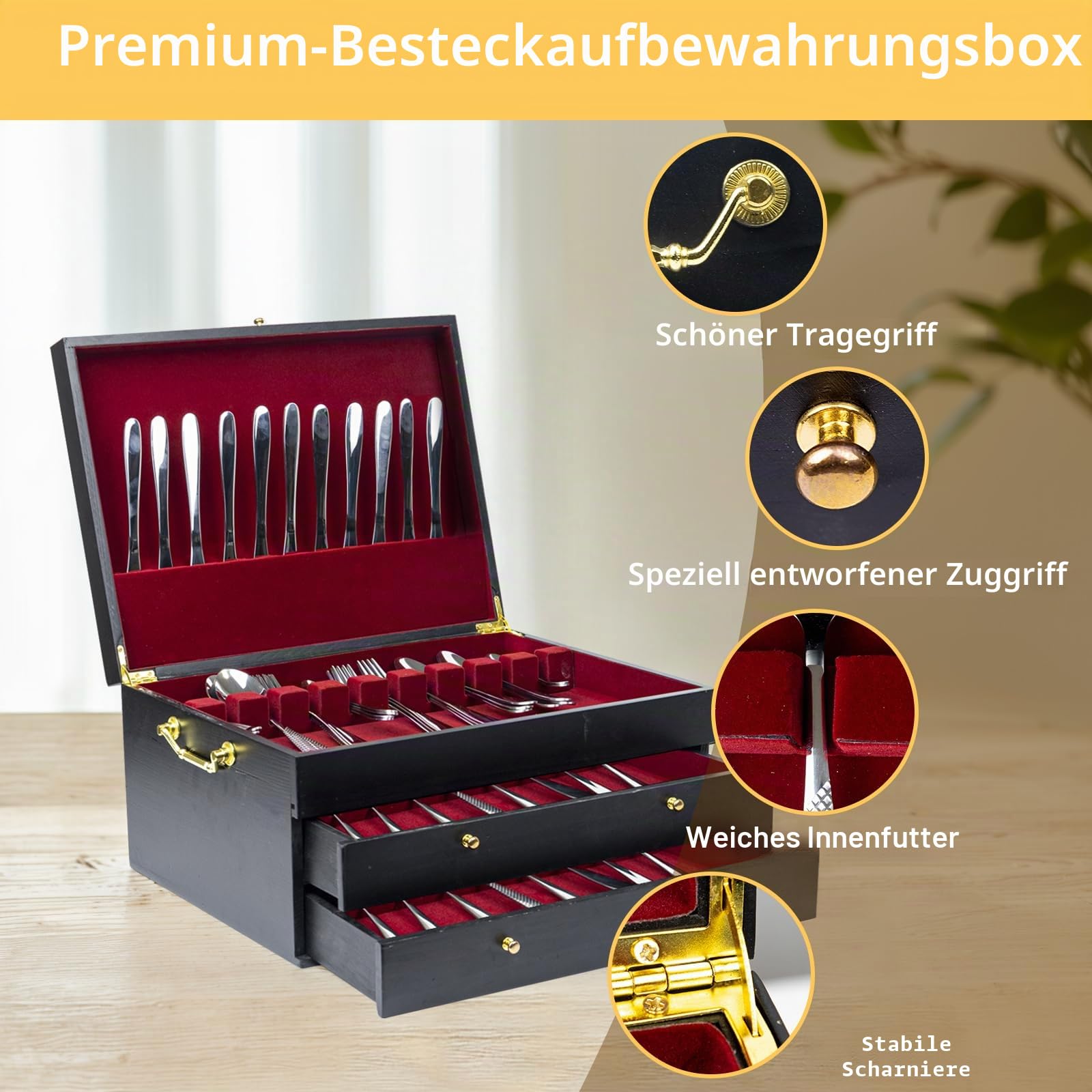 WodGod Besteck-Aufbewahrungsbox, 3-lagig, Holz, Bestecktruhe mit Schublade, 39 x 29 cm, Besteck- und Utensilien-Organizer für Küche (Besteck nicht im Lieferumfang enthalten) (Schwarz