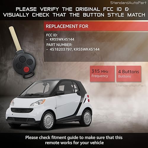 Miniatura 9 de StandardAutoPart Llave de cabeza remota de 4 botones compatible con Mercedes Benz Smart Fortwo (2008-2015) KR55WK45144 (carcasa de carcasa)
