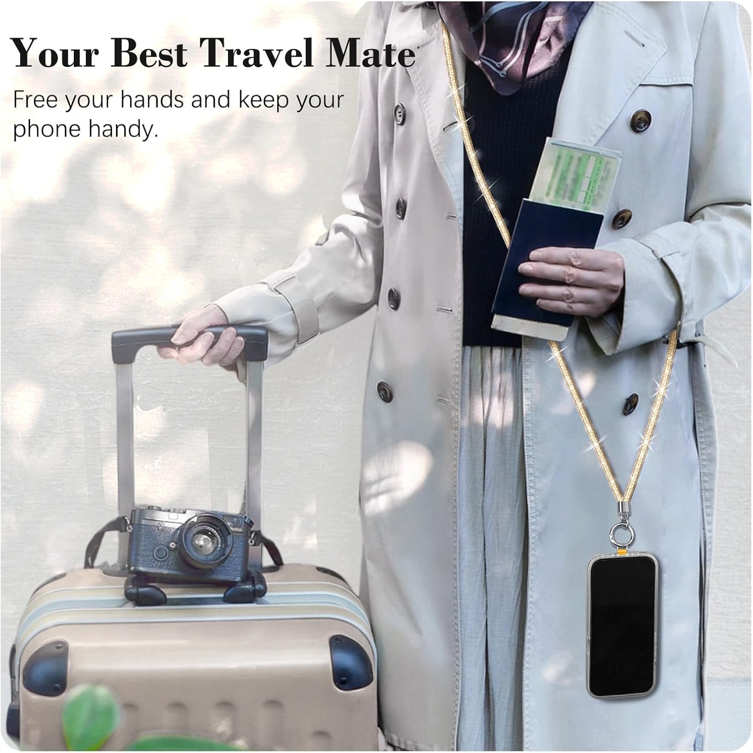 TiMOVO Universal Phone Lanyard Crossbody, Rhinestone Cell Phone Chain Anti-Theft with 1× Shiny Strap, 1× Wrist Strap, 2× Pads for Most Smartphones, Smartphone Neck Holder for Women, Gold - Image 7