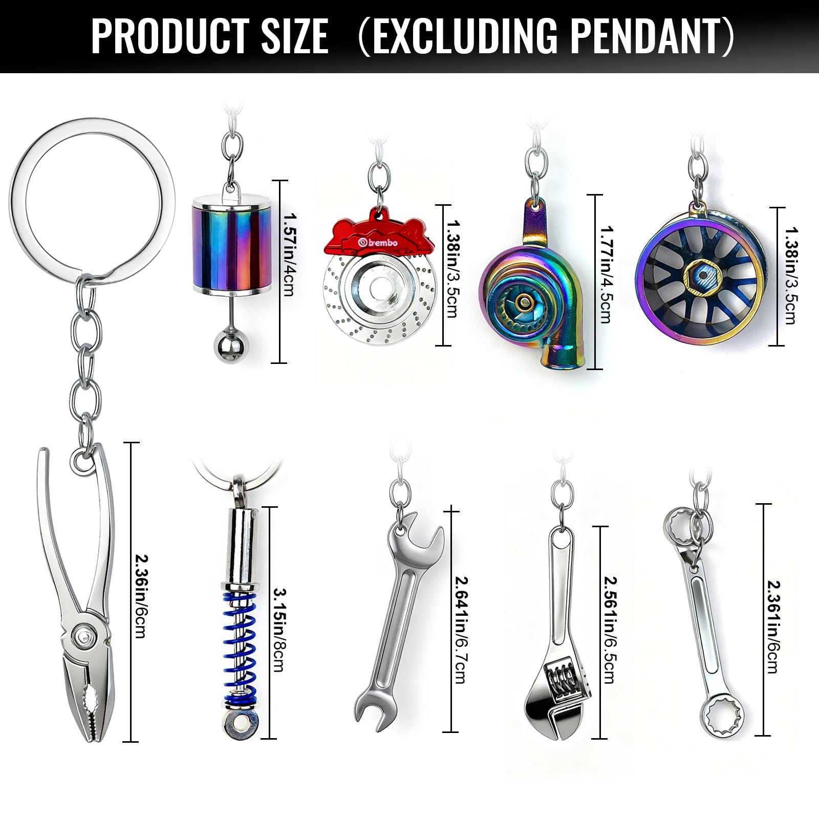 9 Pcs Metal Car Parts Keychains - Turbo, Gear Shifter, Wheel Rim, Spanner, Brake Disc, Wrench, Tongs | Cool Fun Novelty Gift for Car Guys | Men's Automotive Accessories Keyrings for Keys