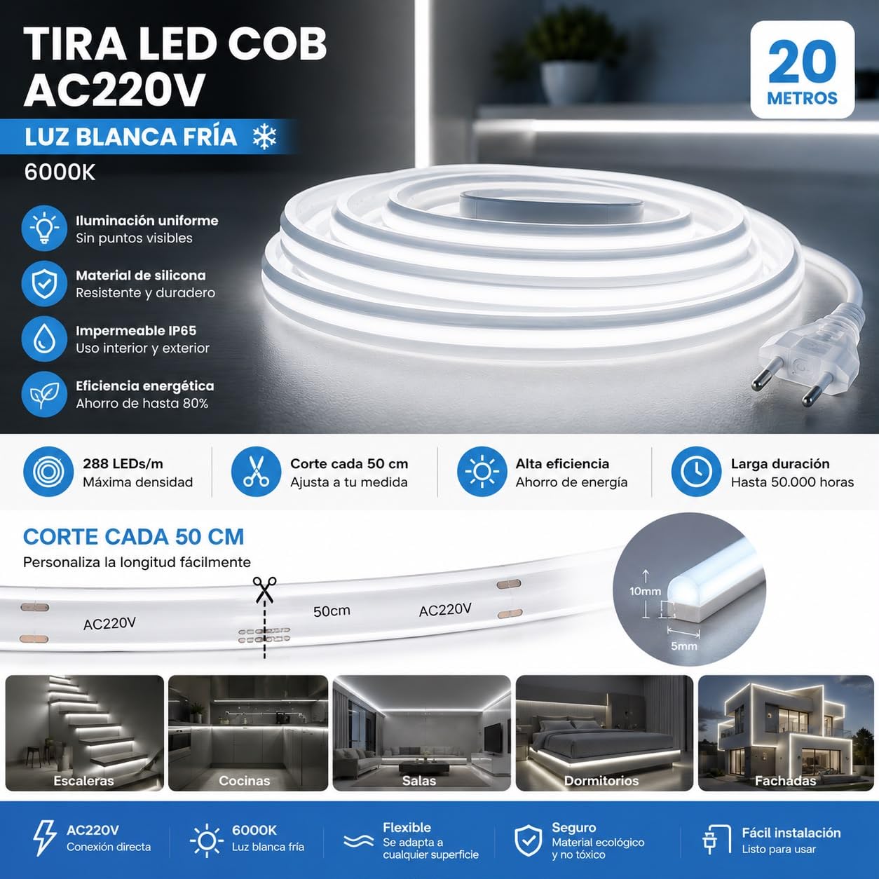 Taśma LED COB 20 metrów zimna biel (6000 K), 230 V ~ z wtyczką, IP65