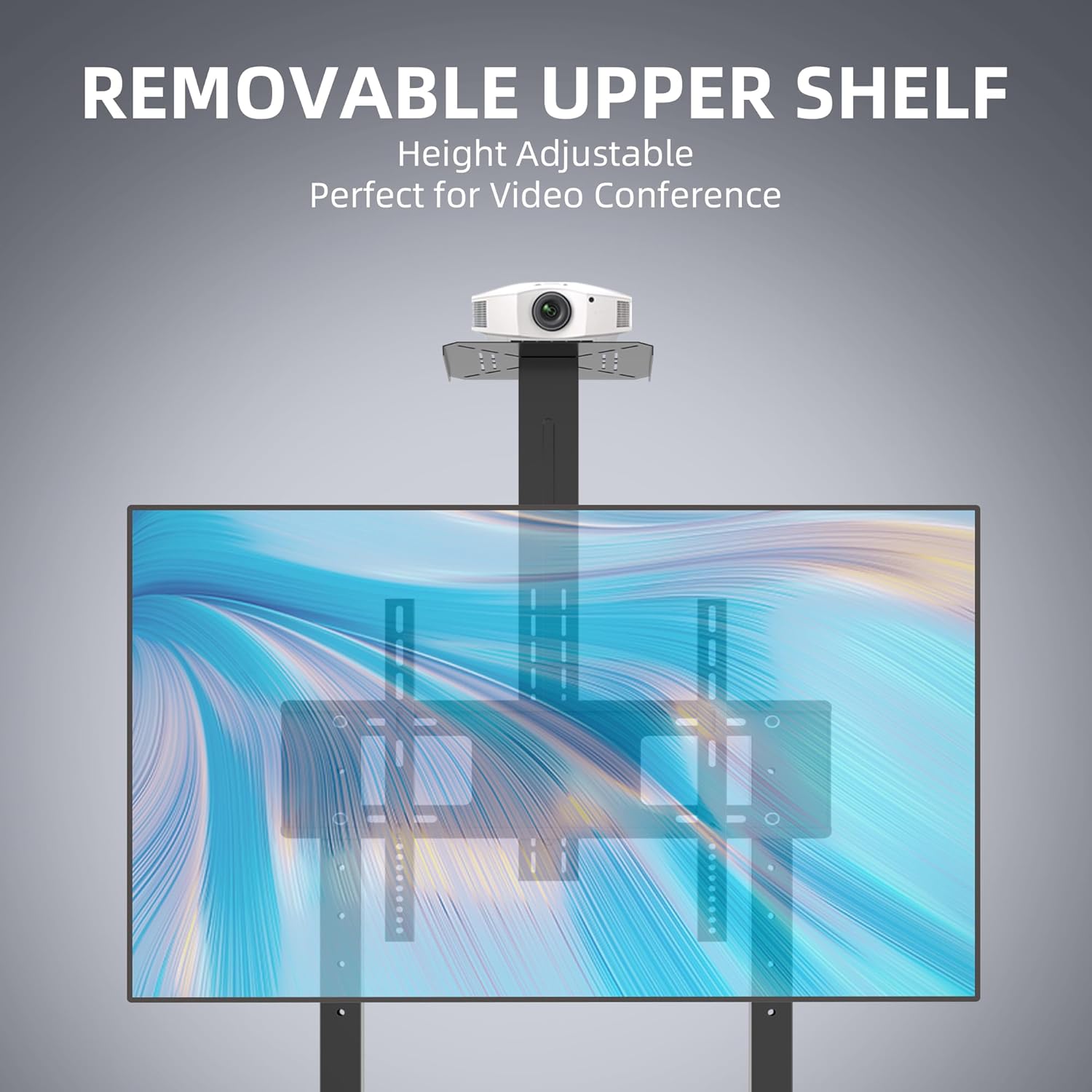 The XINLEI Rolling TV Stand with a projector placed on its removable upper shelf.