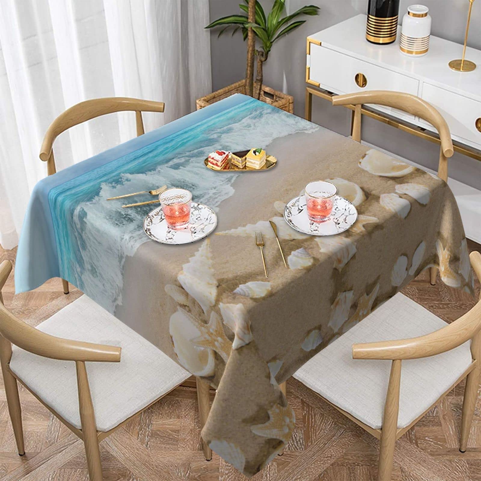 Lawenp Beach Seashell Starfish Square Wrinkle-Free Table Cloth Cover Table Decorative for Wedding Dinning Party Banquet Tabletop
