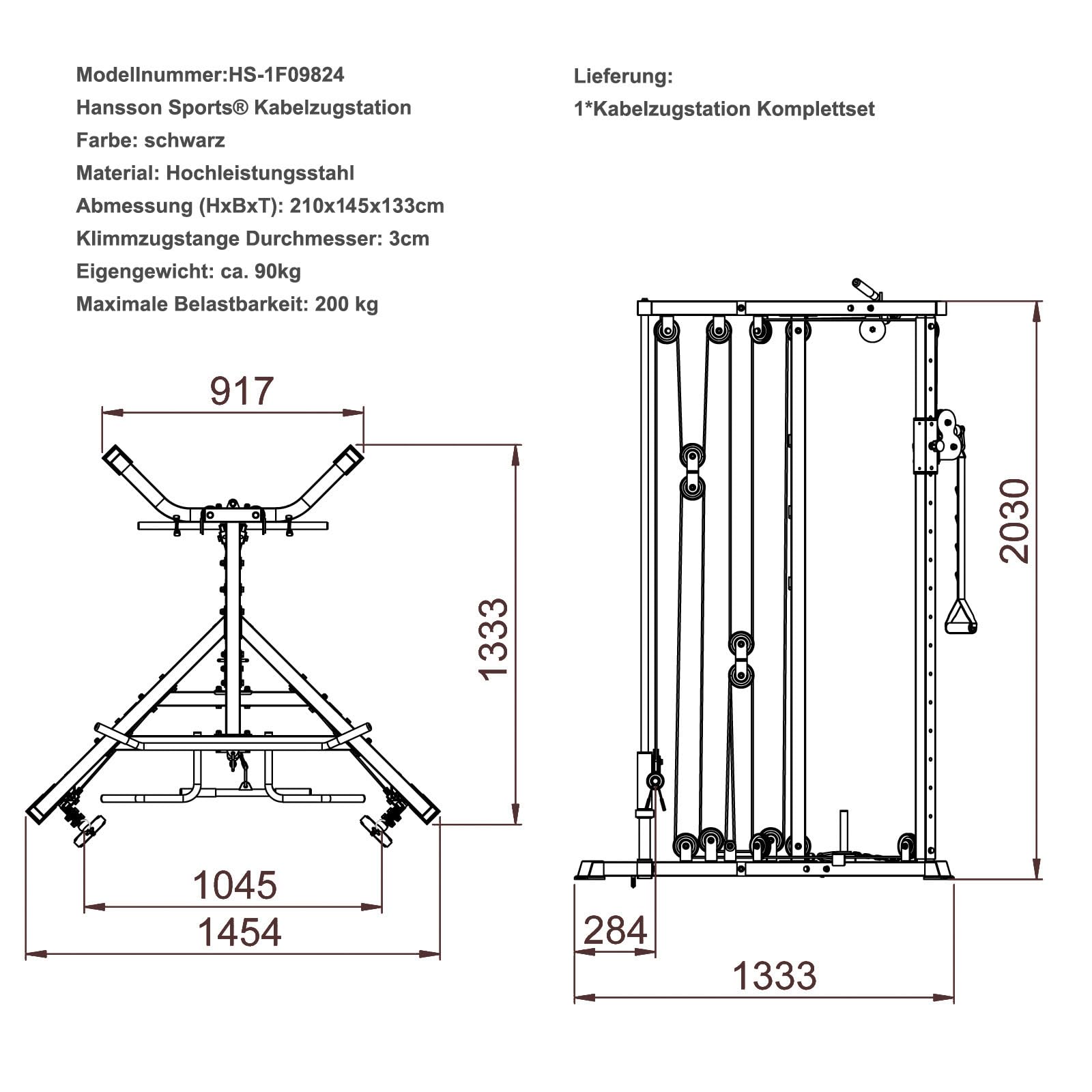 Hansson Sports® Kabelzug Trainer Latzugstation Kraftstation Cross Over mit Klimmzugstange, Bizeps- / Trizeps-Stange, geprüfte und zertifizierte Profi Qualität