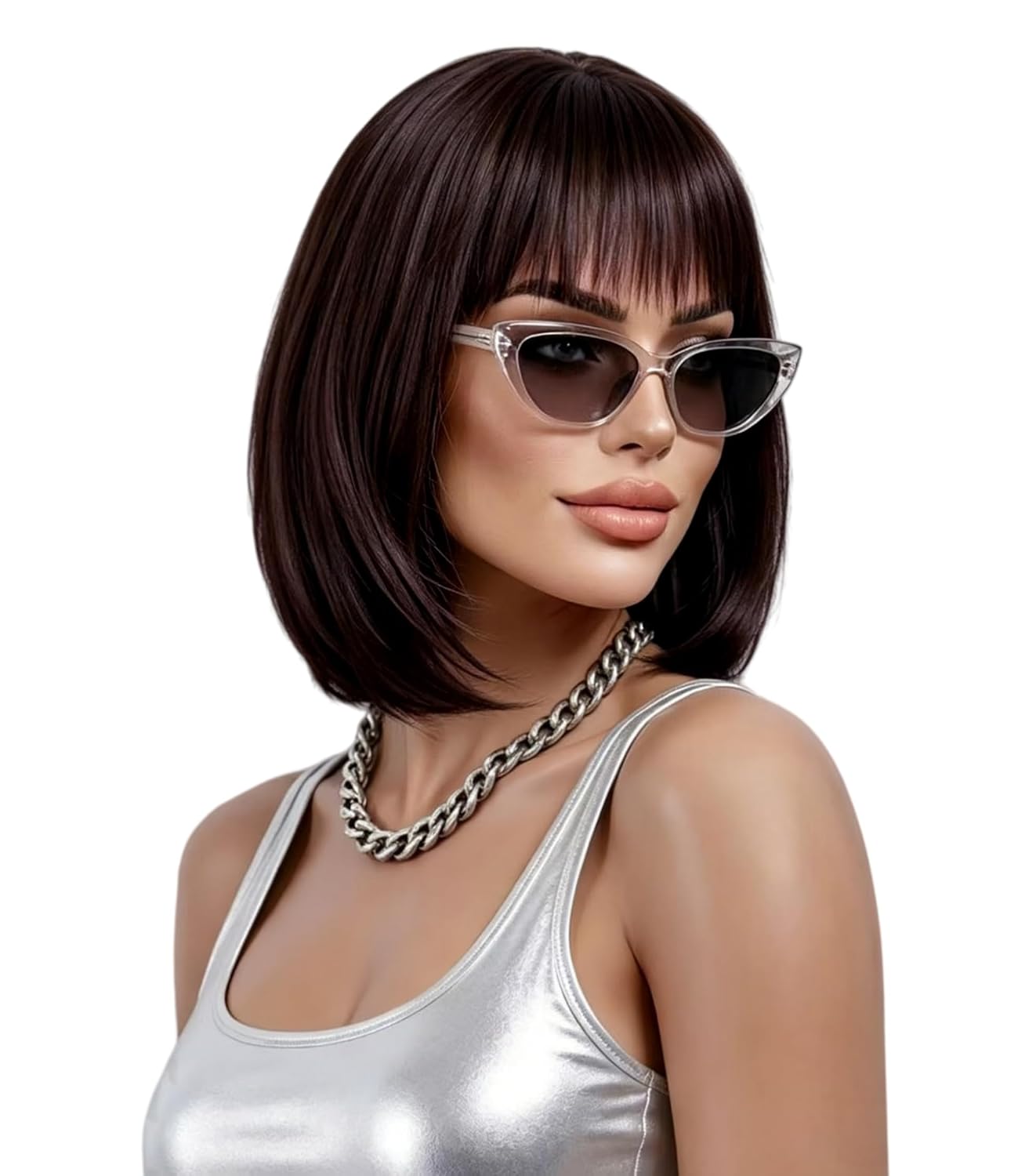 Rugelyss Brown Short Straight Bob Wig with Bangs 12 Inches Brunette Synthetic Hair Wigs for Women and Girls with Wig Cap