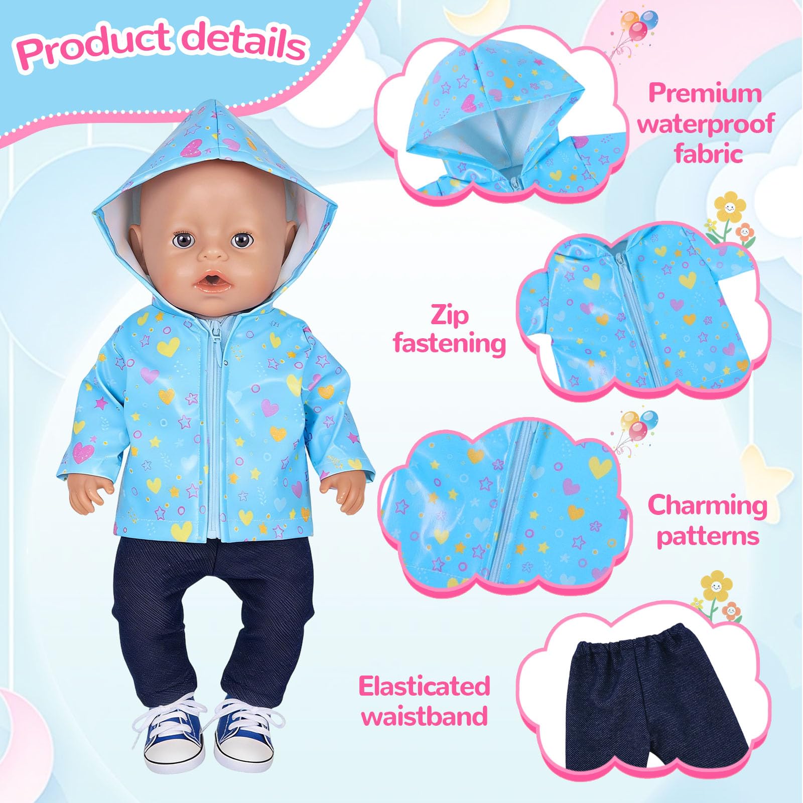 5 Stück Puppenkleidung 35-45 cm, Baby Regen-Oufit mit 1 Blauer Sternenjacke 1 T-Shirt mit Blumenmuster 1 Hose 1 Schuhe 1 Kleiderbüge für 14-18 Zoll Baby Puppen, Kleidung Zubehör Geschenke für Kinder - 3