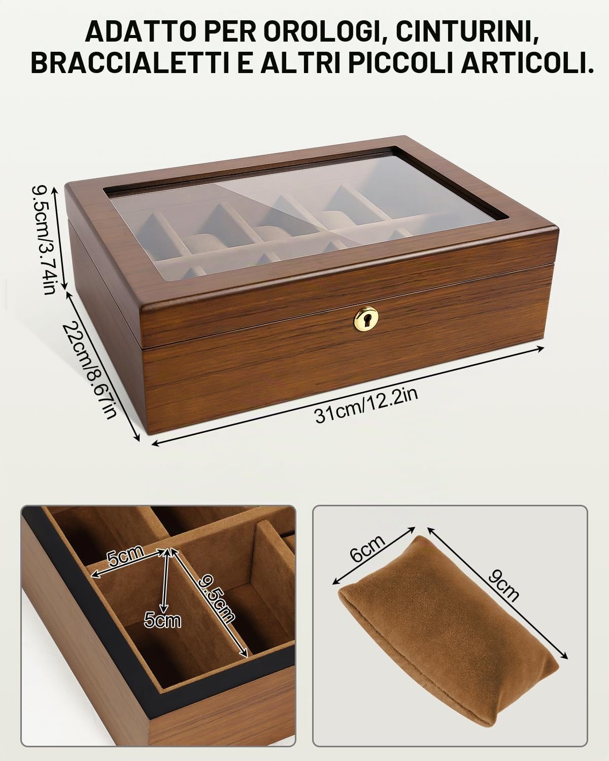 Uten Scatola per orologi con 10 scomparti, organizer per orologi con serratura dorata e chiave, scatola in legno con cuscini rimovibili per orologi, fodera in velluto, chiusura in metallo, regalo per