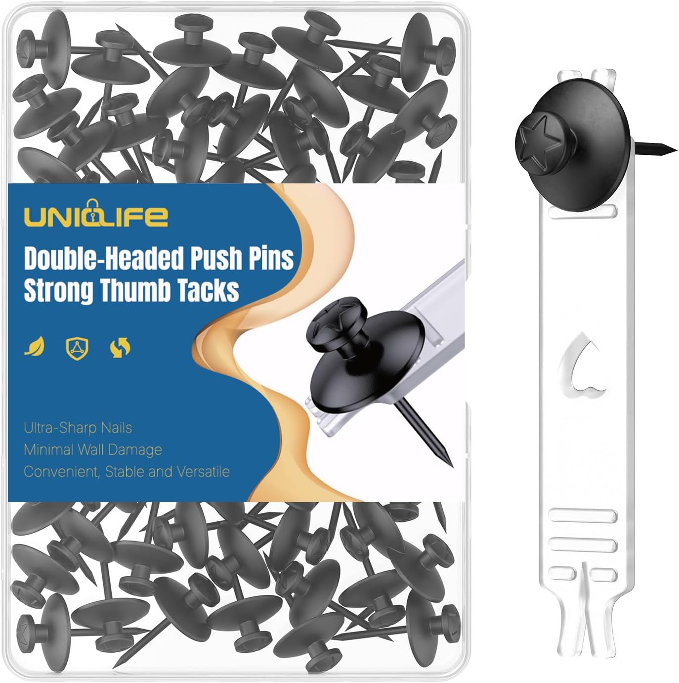 Uniclife 60 Pcs Push Pins for Wall, Double Headed Thumb Tacks, Picture Hangers, Metal Thumbtacks, Picture Hanging Nails Wall Hooks for Art, Photo Frame, Tapestry & Decor, Black