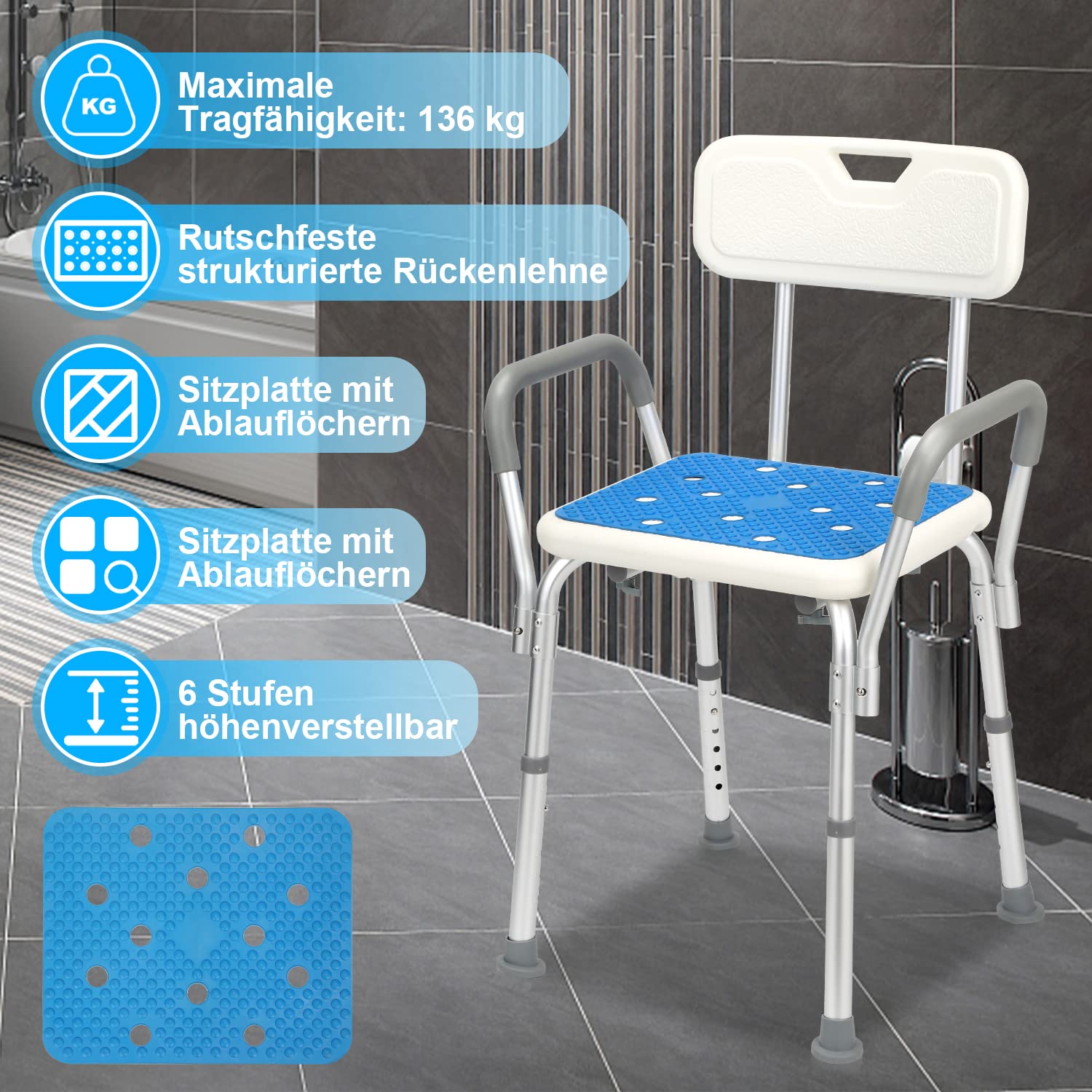 Ikodm - Sgabello da doccia in alluminio, regolabile in altezza, antiscivolo, con braccioli e schienale, per persone che necessitano di assistenza e cure