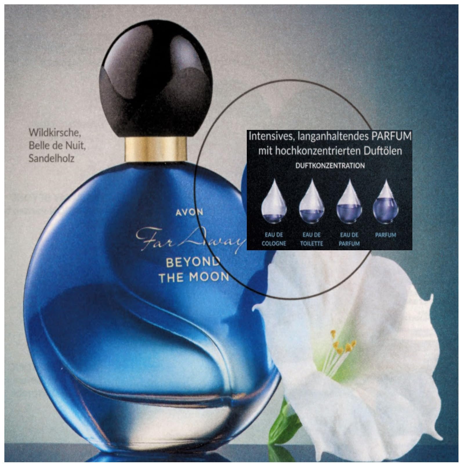 Avon Set1x Far Away Beyond The Moon Parfum 50ml Spray1x Taschenspray 10ml und 1x Bodylotion 125ml mit Sandelholz Wildkirsche Belle de Nuit für Damen intensives Parfum