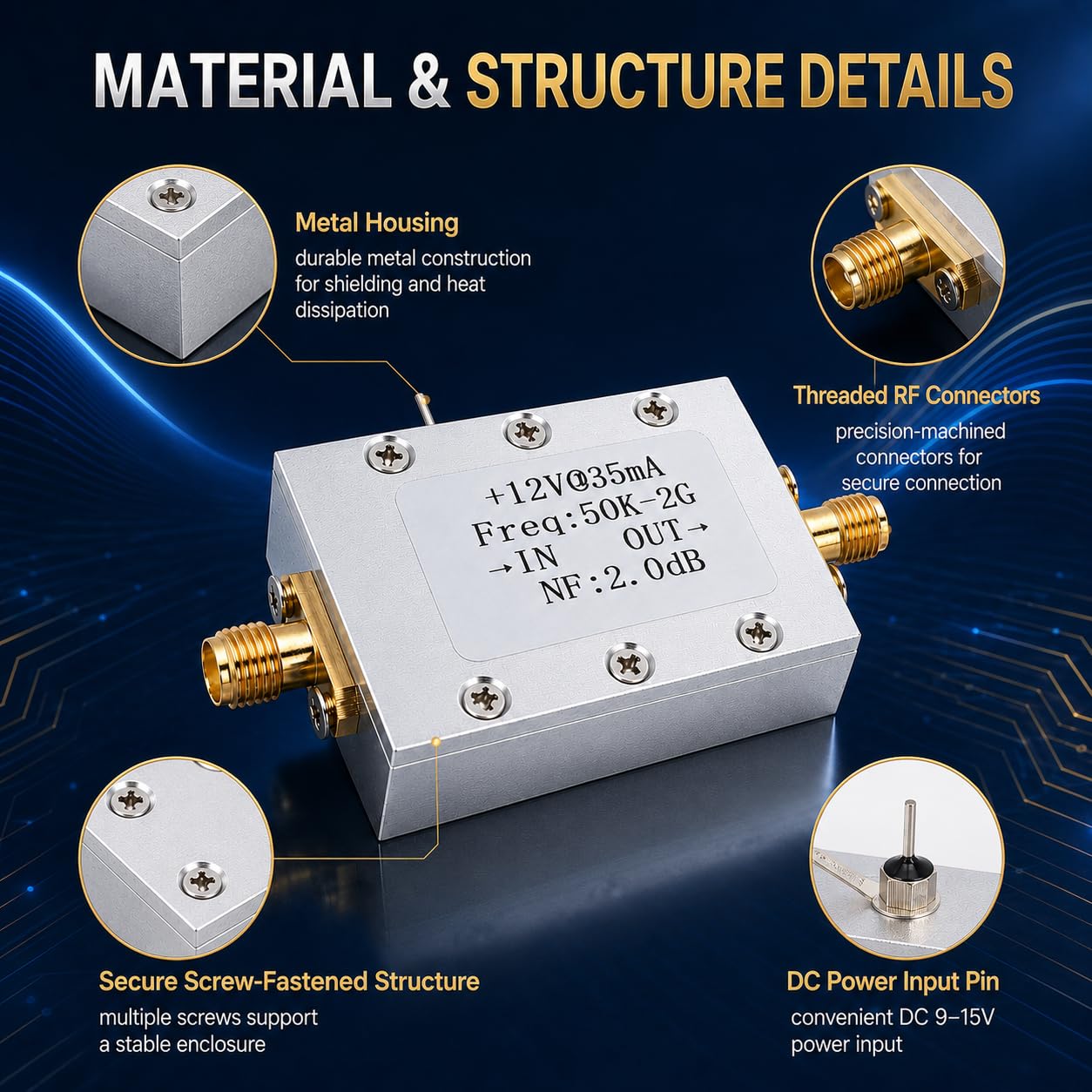 LNA-Breitbandverstärker, 50 kHz bis 2 GHz Rauscharmer Verstärker, 9–15V DC | 50 Ohm HF-Leistungsverstärker mit 31 DB Hohe Verstärkung, Leistungsvorverstärker, für FM Shortwave Kabelfernsehen Drahtlose