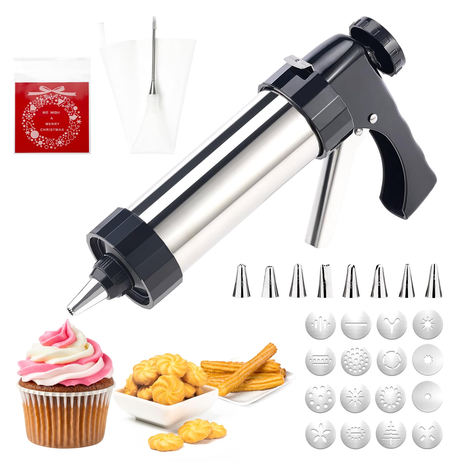 Machine a Churros,Appareil a Churros, Presse a Biscuits Inox,Presse à Churro Pistolet à Pâtisserie avec 16 Gabarits,8 Douilles,Poche et Brosse,Seringue Patisserie pour Gâteaux Gâteaux Dessert