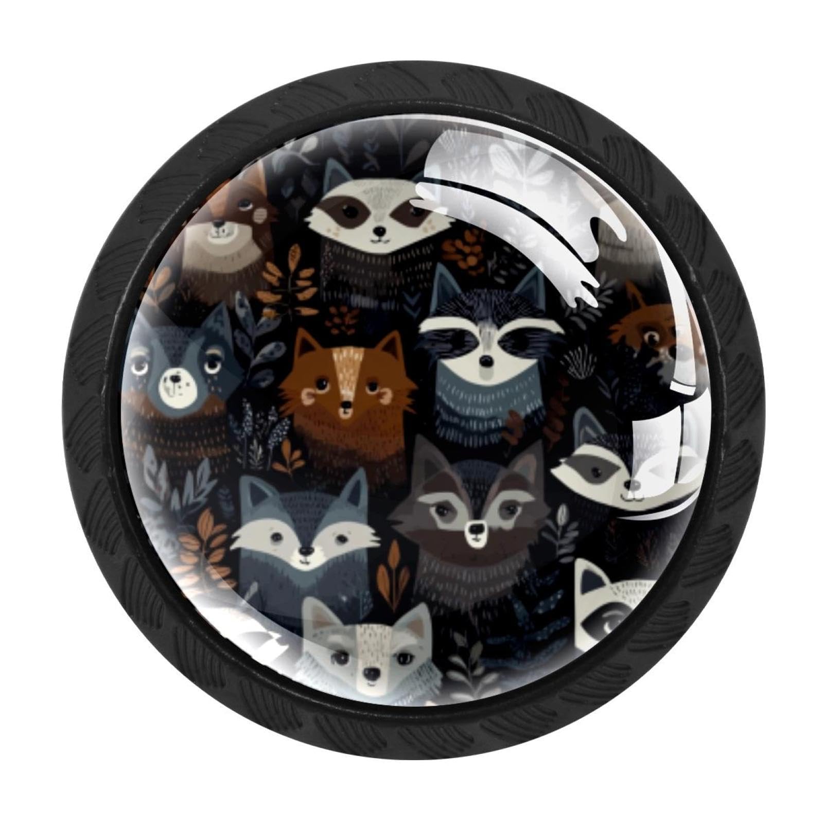 CHENZZZZ 4 Pack Black Raccoons Pattern Drawer Knobs, Cabinet Knobs Round Glass Knobs for Kitchen Cabinet Hardware Bathroom 35MM