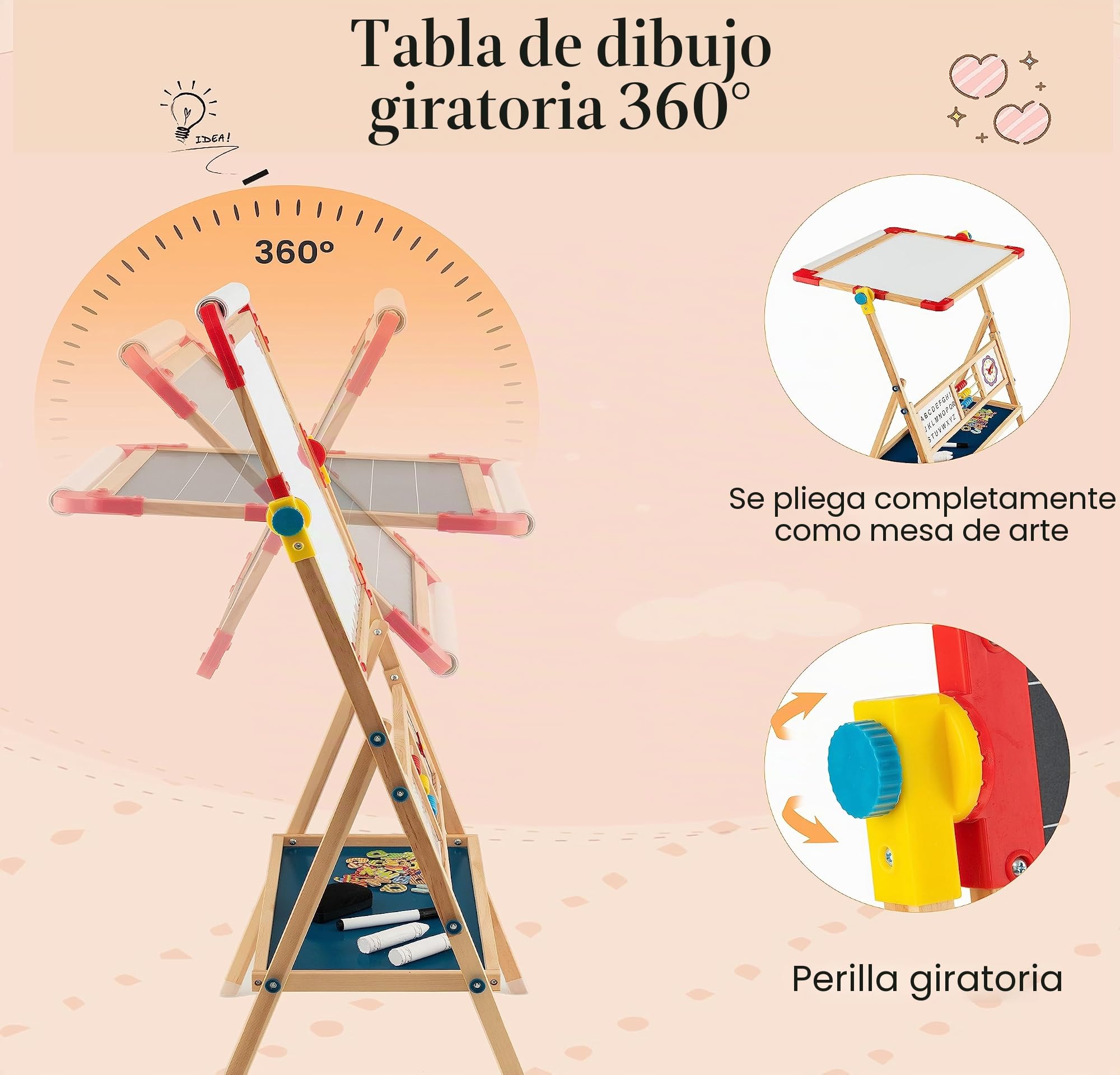 LIFEZEAL Juego de caballete infantil giratorio 360°, pizarra magnética de madera, para niños a partir de 3 años