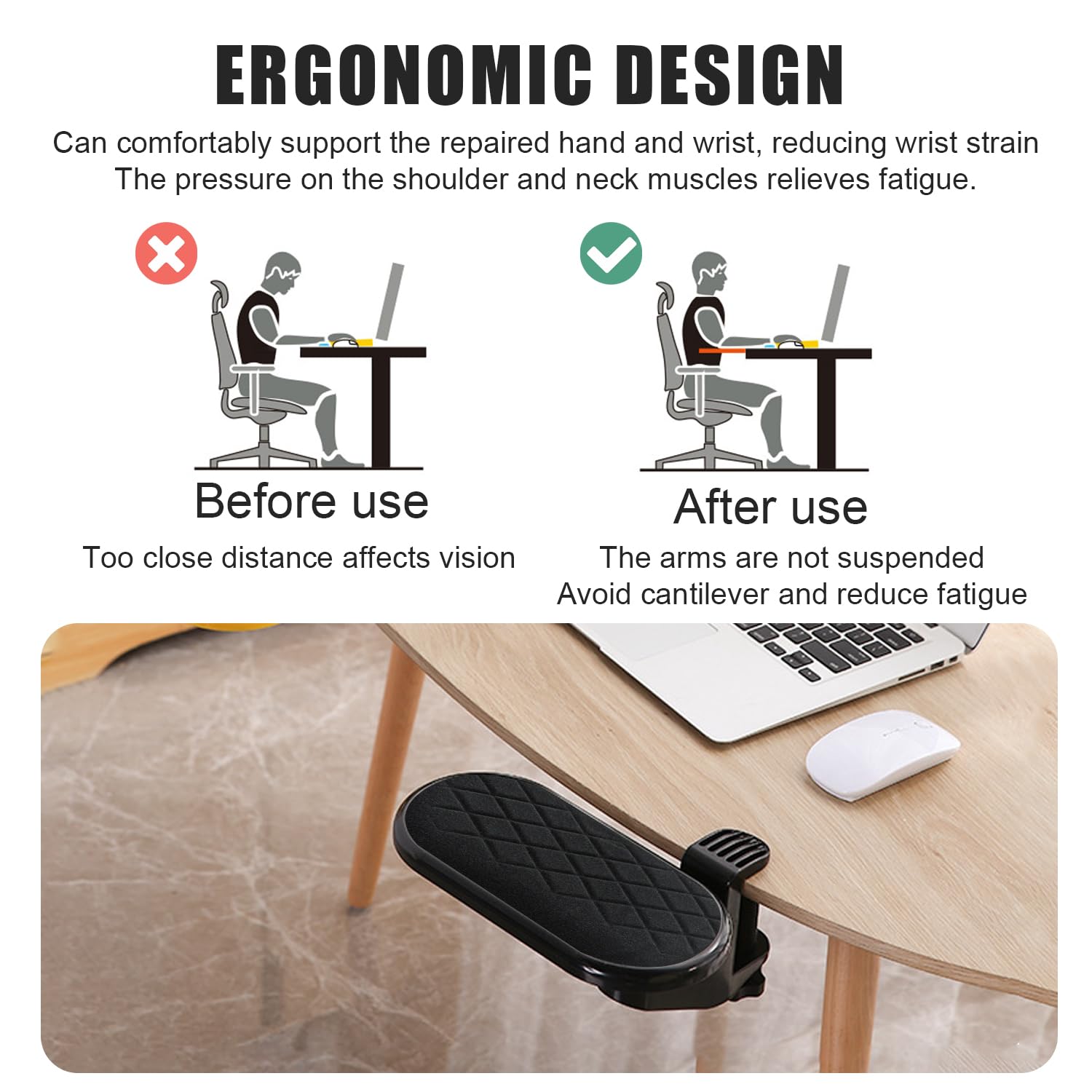 Repose Bras Accoudoir Bureau Réglable Support Ordinateur Ergonomique 180° Noir