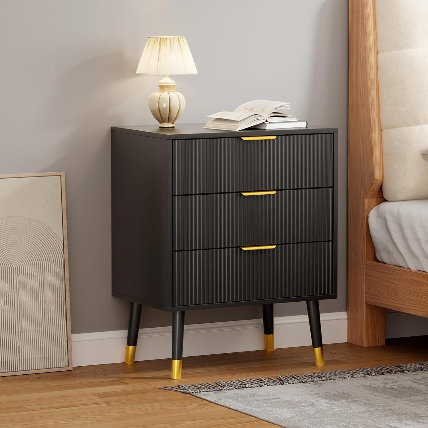 GarveeHome Fluted 3 Drawer Dresser Set of 2, Large Modern Nightstand Cabinet with Gold Metal Handles, End Table Wood Chest of Drawers for Bedroom, Living Room, Hallway- Black