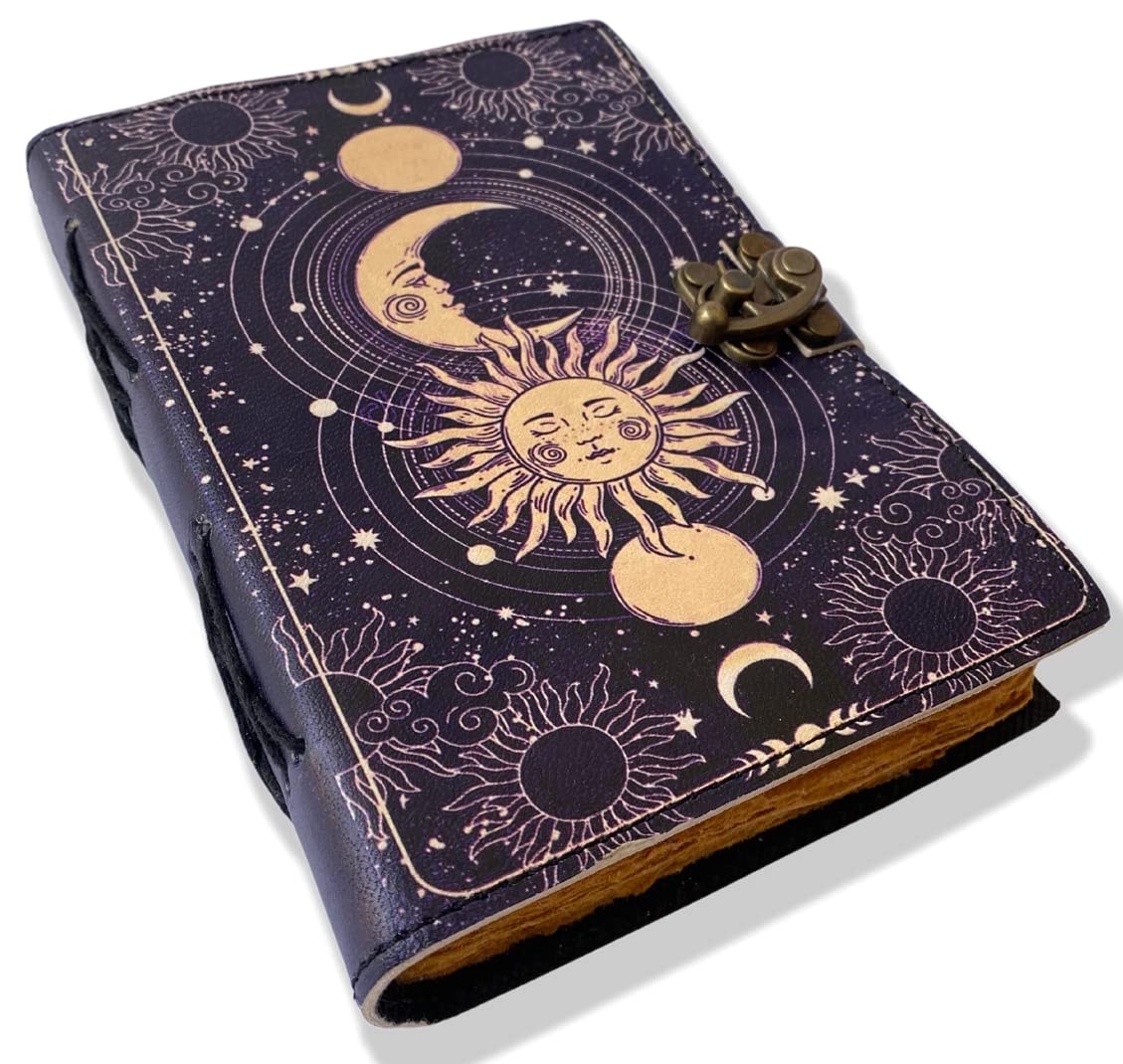 Celestial Sun & Moon Handmade Vintage Leather Journal Deckle Edge Paper, Blank Spell Book of Shadows grimoire Journal, Gift for him her with 200 Pages-image-22