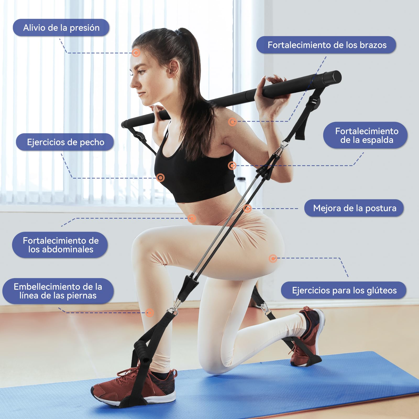 Barra de Pilates, ALongSong Barra Pilates Hecha de Hierro con Bandas de Resistencia de Tubo de Látex Natural(40-180lbs), Gomas Elasticas Musculacion para Gimnasio En Casa, Navidad