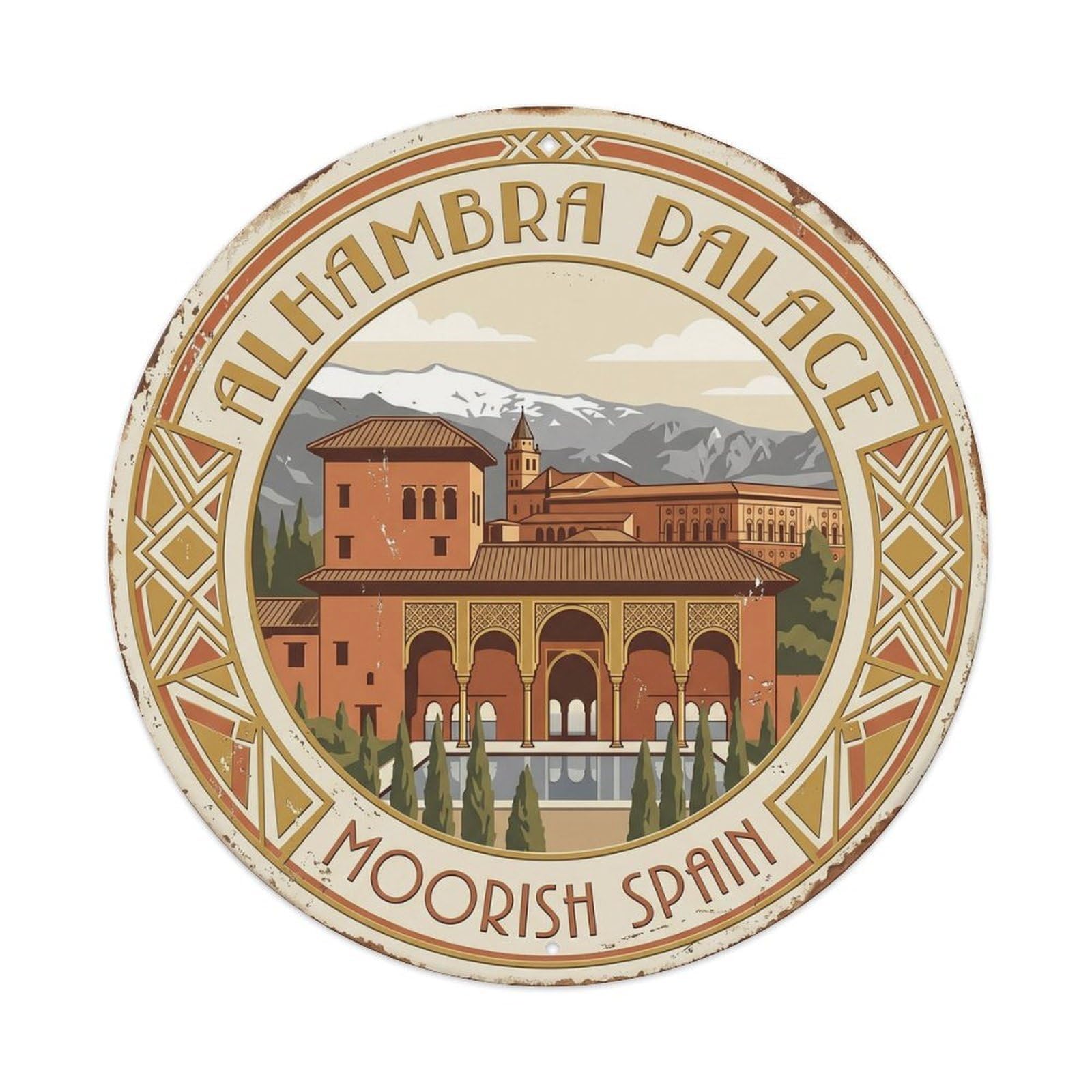 Alhambra Palace Moorish Spain Fortress Metal Tin Sign Plaque Wall Decor for Cafe, Club, Garden Round Metal Poster 8x8Inch