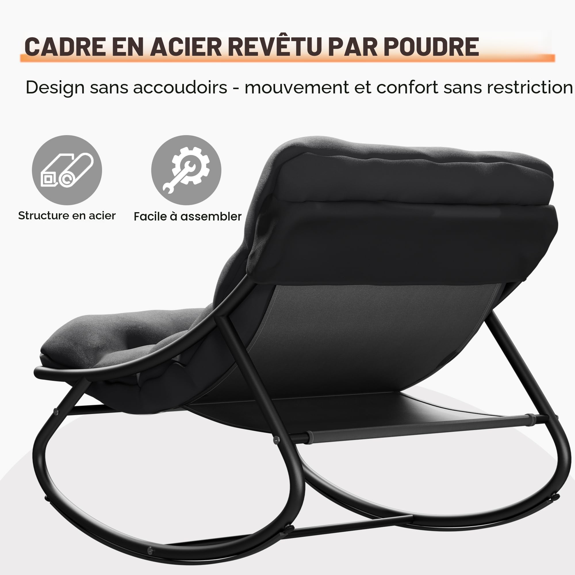 Fauteuil à Bascule avec Coussin, Chaise a Bascule d'Intérieur et d'Extérieur, Rocking Chair avec Repose-Pieds, Chaise Papasan, Cadre en Métal, Capacité 150 kg, pour Jardin Patio Salon Balcon (Gris)