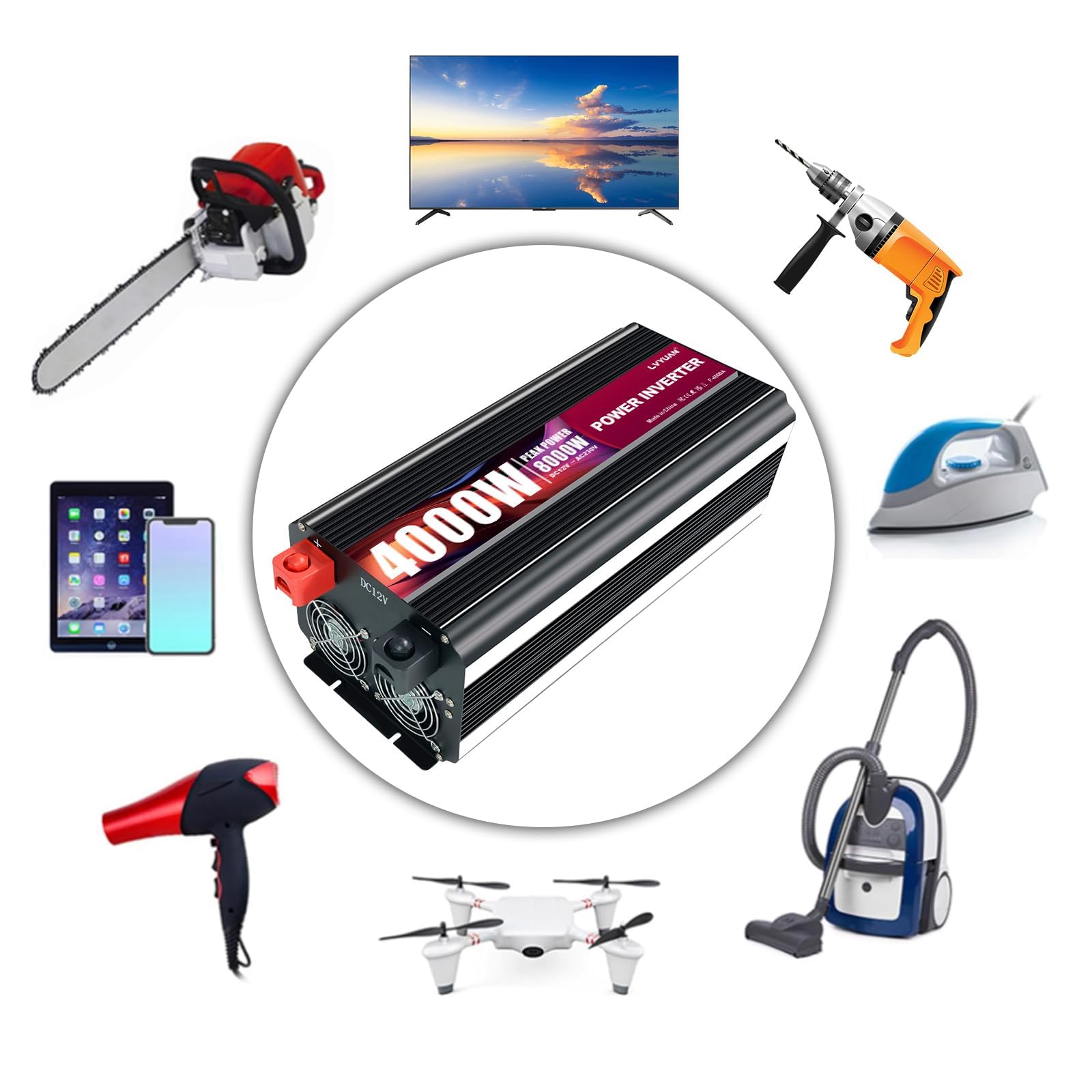 Yinleader Wechselrichter 24V DC auf 230V AC, 4000W Dauerleistung/8000W Spitzenleistung, Spannungswandler, LCD-Anzeige & Funkfernbedienung, für Wohnmobil/Camping/LKW/Haushaltsgeräte