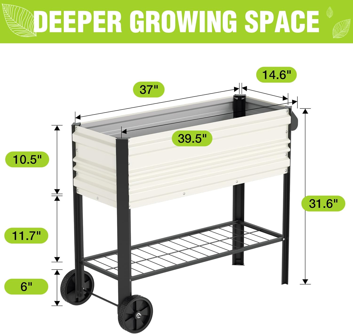 WORKPRO Galvanized Raised Garden Bed with Legs & Wheels, 37x14.6x31.6in, 400LB Capacity Elevated Planter Box for Garden, Backyard, Patio & Deck, White